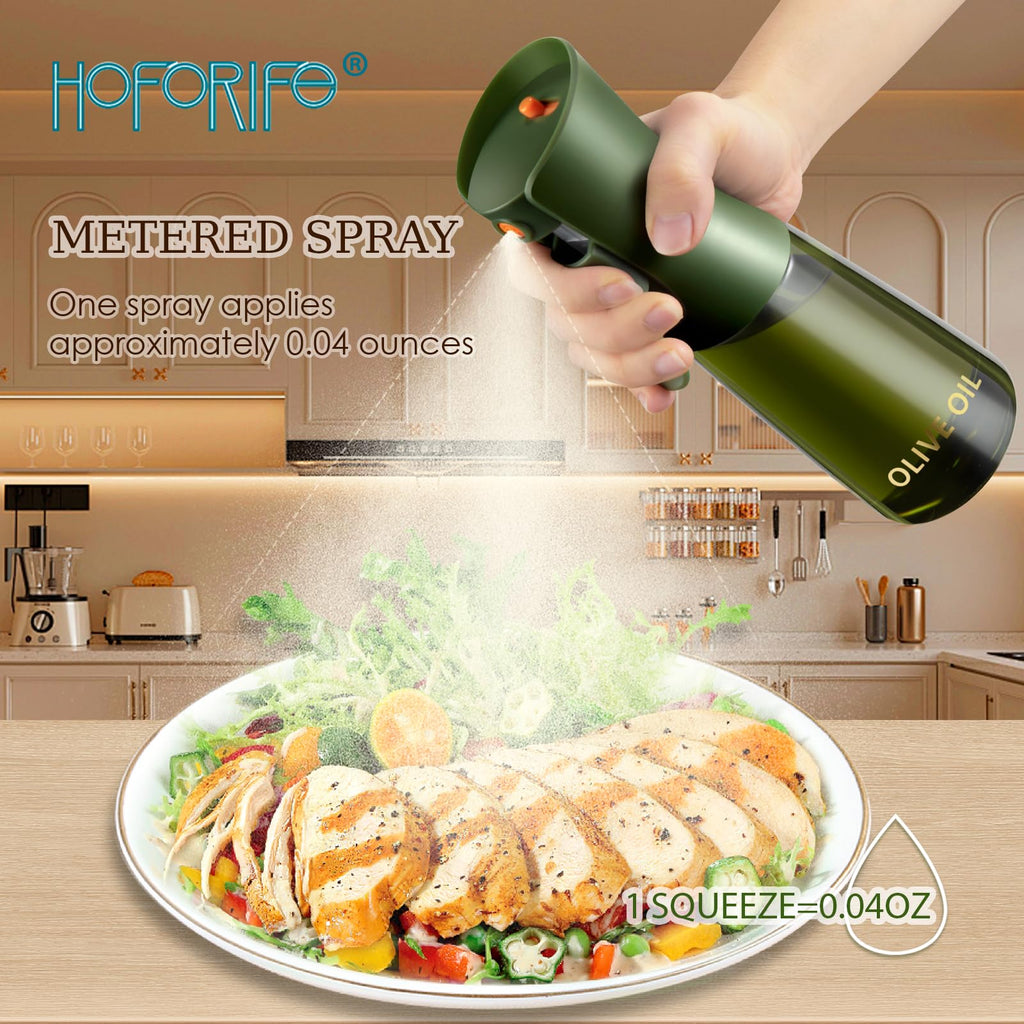 hoforife Glass Olive Oil Sprayer for Cooking, Oil Mister Continuous Cooking Spray with Portion Control for Kitchen 225ml/7.6 oz (Olive Green Bottle)
