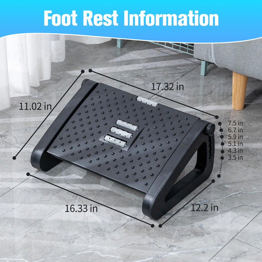 Foot Rest for Under Desk at Work, Foot Stools for Under Office Desk Ergonomic Adjustable Gaming Desk Footrest with 6 Heights, Manual Foot Massage Rollers, Home & Office Use