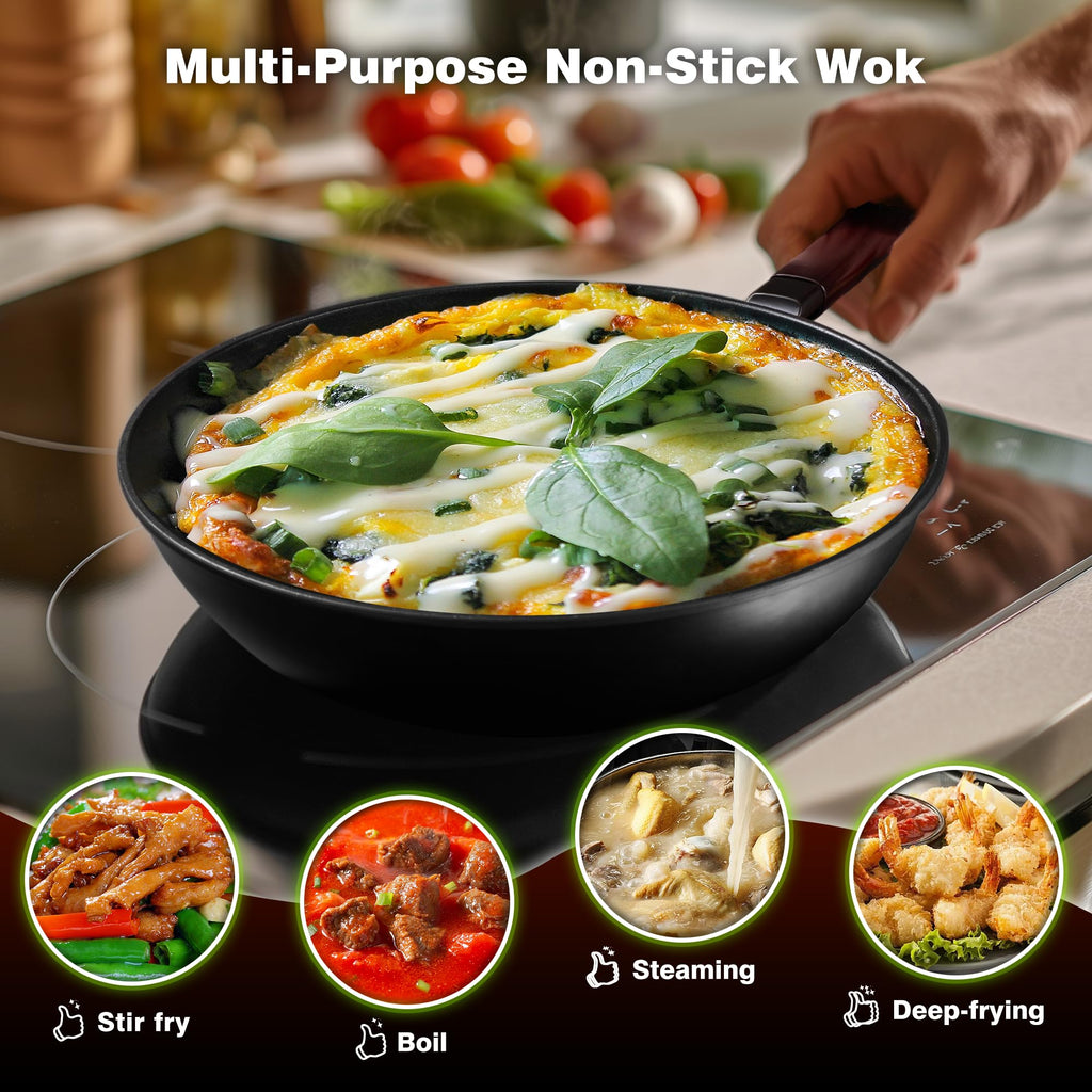 Teewe Carbon Steel Wok -13 Inch Woks & Stir-Fry Pans Nonstick, Wok Pan with Lid Spatula and Dish Brush: Pre-Seasoned Flat Bottom Chinese Wok for Induction, Electric, Gas, All Stoves