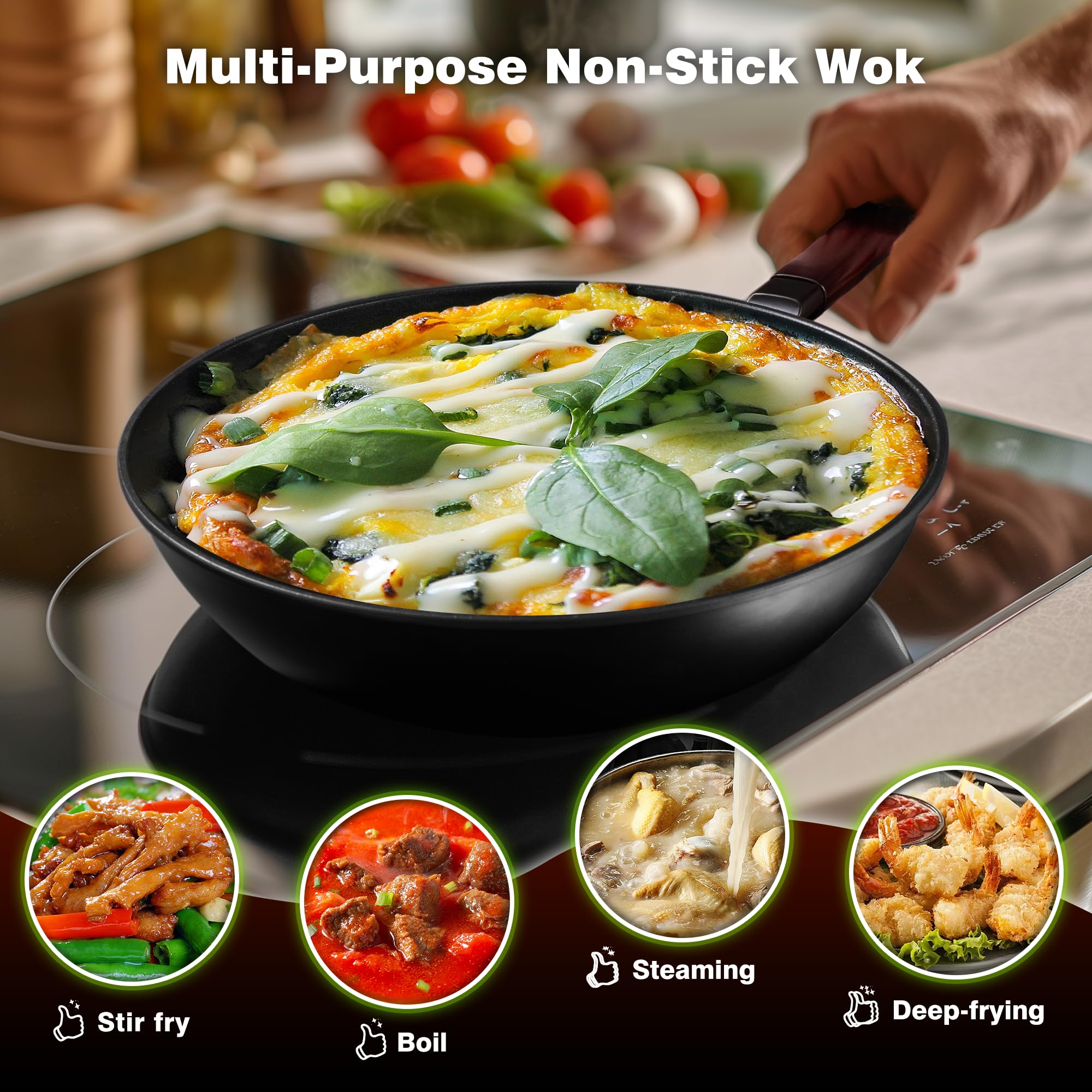 Teewe Carbon Steel Wok -13 Inch Woks & Stir-Fry Pans Nonstick, Wok Pan with Lid Spatula and Dish Brush: Pre-Seasoned Flat Bottom Chinese Wok for Induction, Electric, Gas, All Stoves