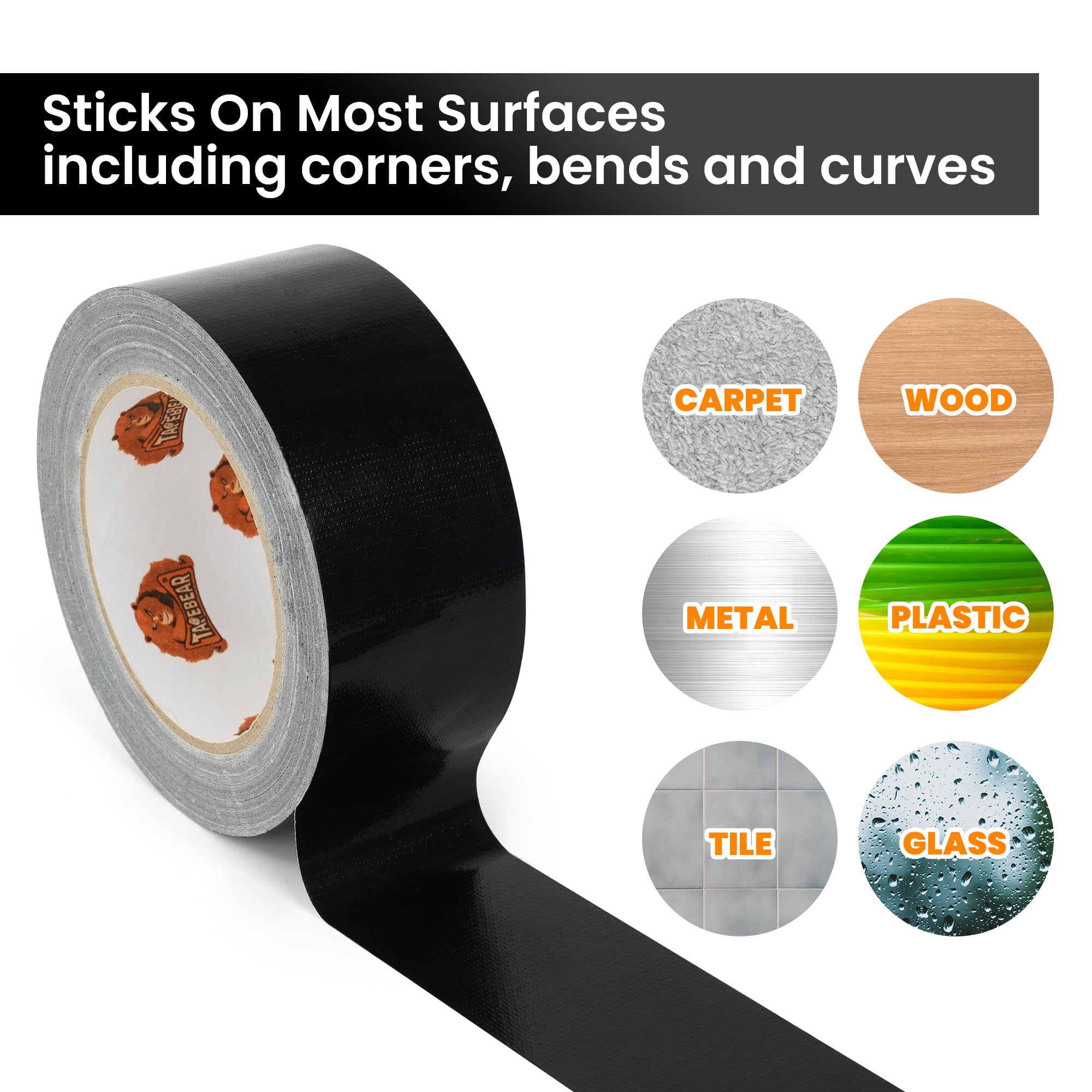 TAPEBEAR 5-Pack Black Duct Tape Heavy Duty 1.88 Inch x 30 Yards, Waterproof Tape 9mil Thick Strong Adhesive Tape, Writable, No Residue and Tear by Hand for Repairs, Crafts and Sealing