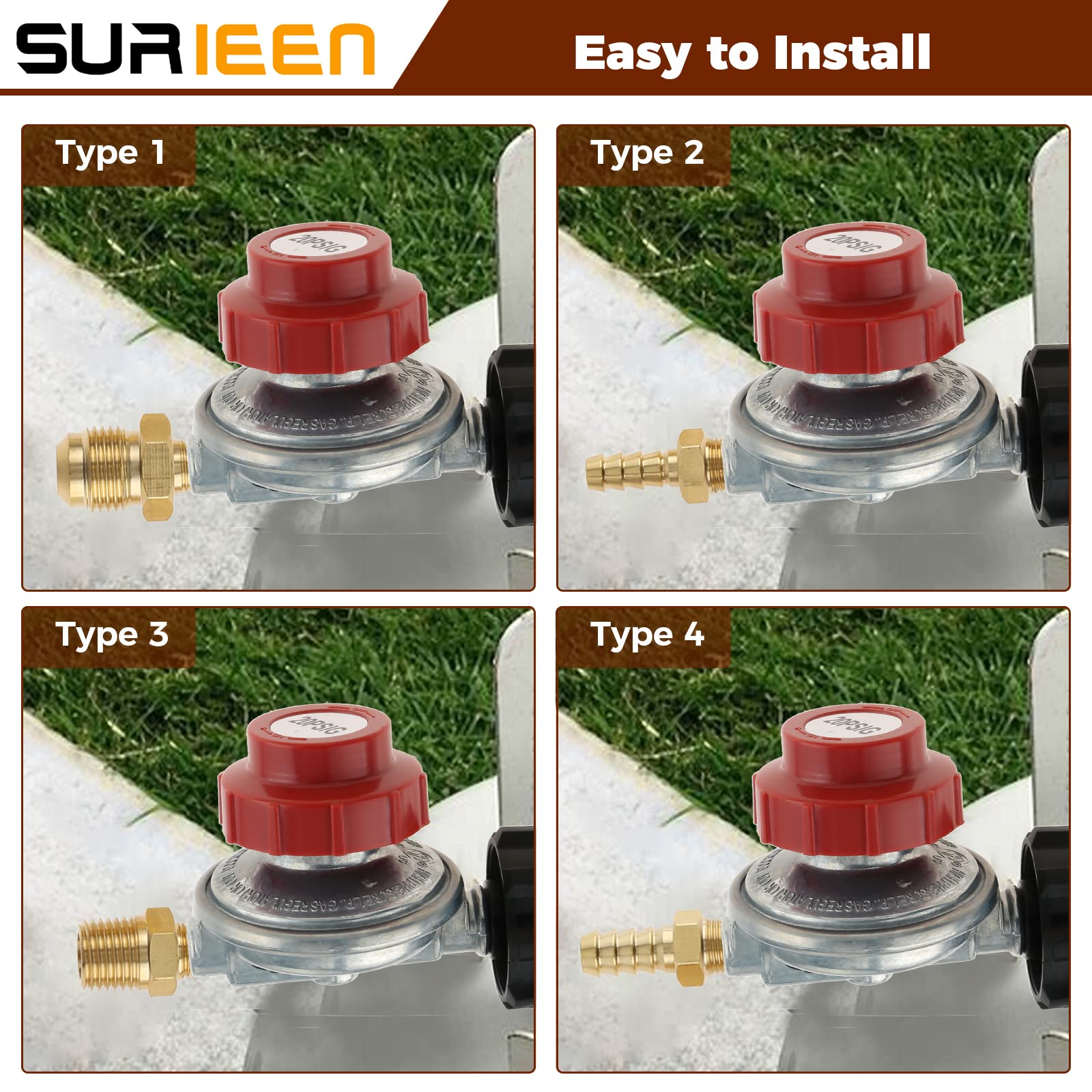 0-20 PSI Adjustable High Pressure Propane Regulator Valve Kit, QCC1/Type1 Regulator Valve Kit with 1/8" NPT Male to 1/4" & 3/8" Male Flare Fitting, 1/4" & 5/16" Hose Barb Connector