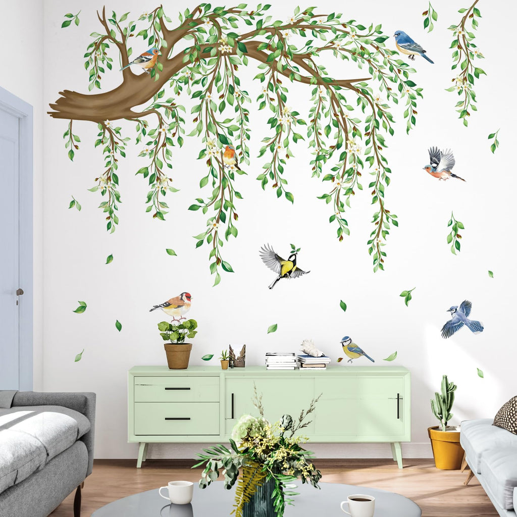 decalmile Spring Large Hanging Vine Wall Decals Green Leaf Tree Branch Flower Birds Wall Stickers Living Room Tv Background Bedroom Wall Decor