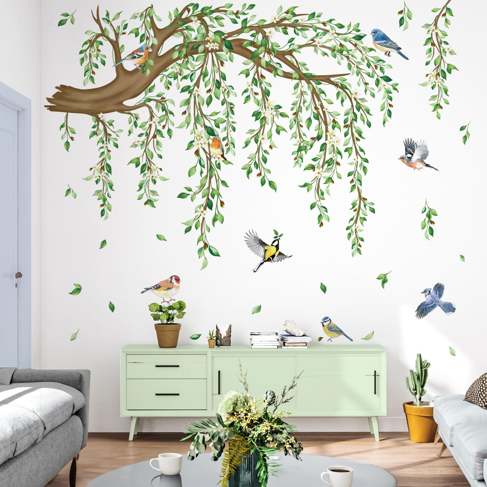 decalmile Spring Large Hanging Vine Wall Decals Green Leaf Tree Branch Flower Birds Wall Stickers Living Room Tv Background Bedroom Wall Decor