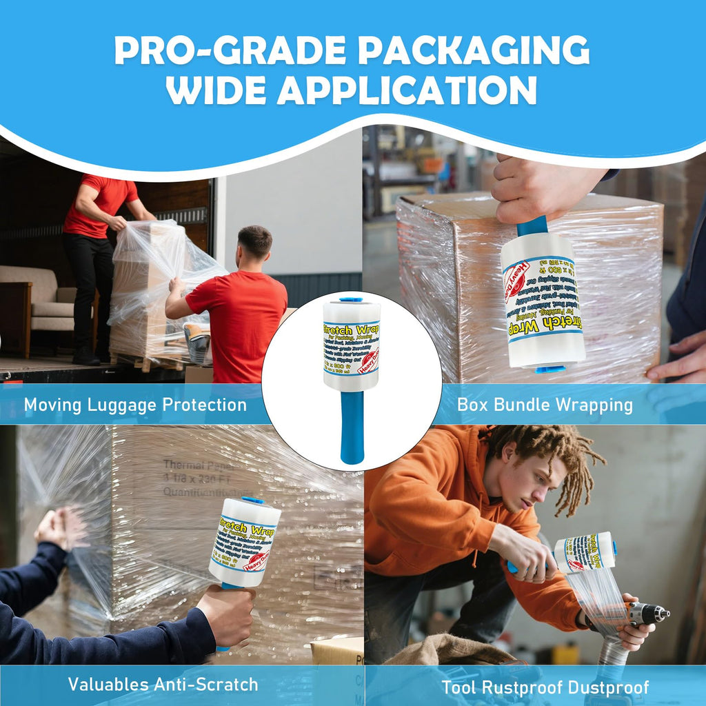 Anti-Slip Handhold Stretch Wrap Film - 4 Pack, 4in x 800ft, 60 Gauge, with Lock Washers & Handle, Non-Slipping Out Plastic Wrap for Moving, Packing Supplies, Furniture Protection, Industrial