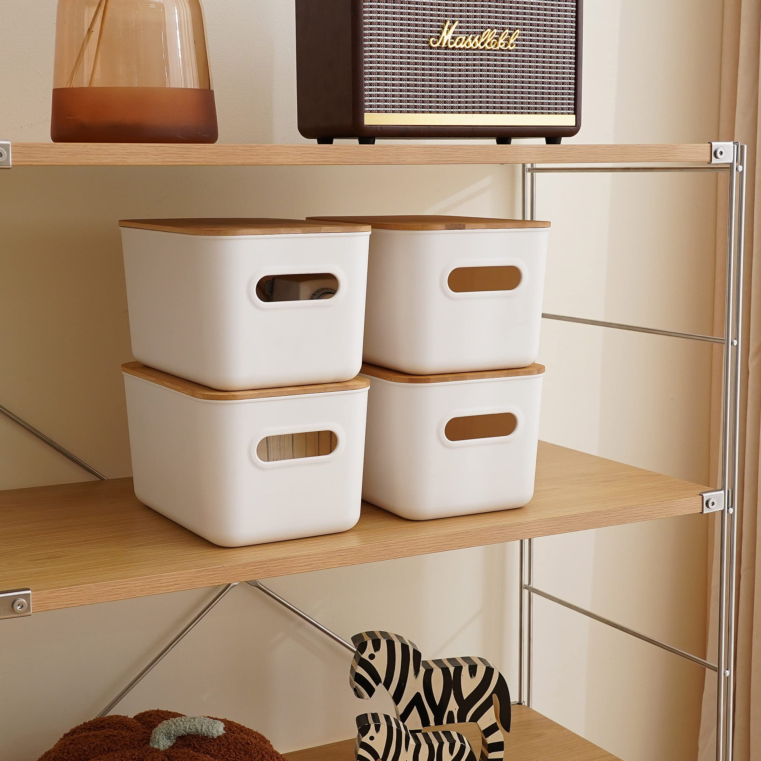 Citylife Closet Organizers and Storage - 4PCS Plastic Storage Bins with Bamboo lids, Stackable Storage Containers for Organizing, Bundled with Labels and Marker 10.24 x 7.01 x 6.1 inch