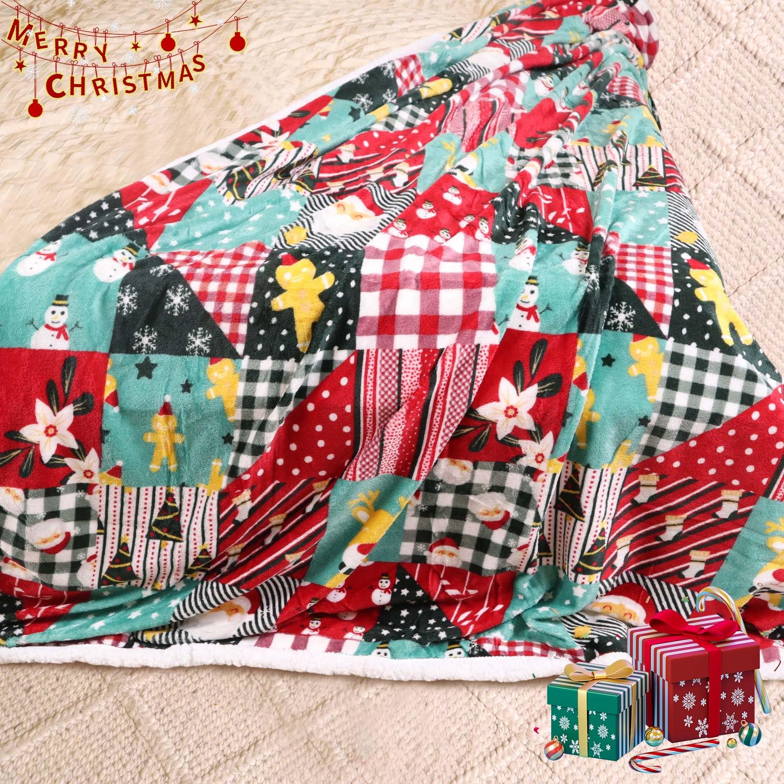 Gogreen Christmas Sherpa Fleece Throw Blanket for Couch Bed Sofa Adults -Soft and Warm Blanket for Winter, Thick and Fuzzy Throw Blanket (Classica Cartoon Plaid)