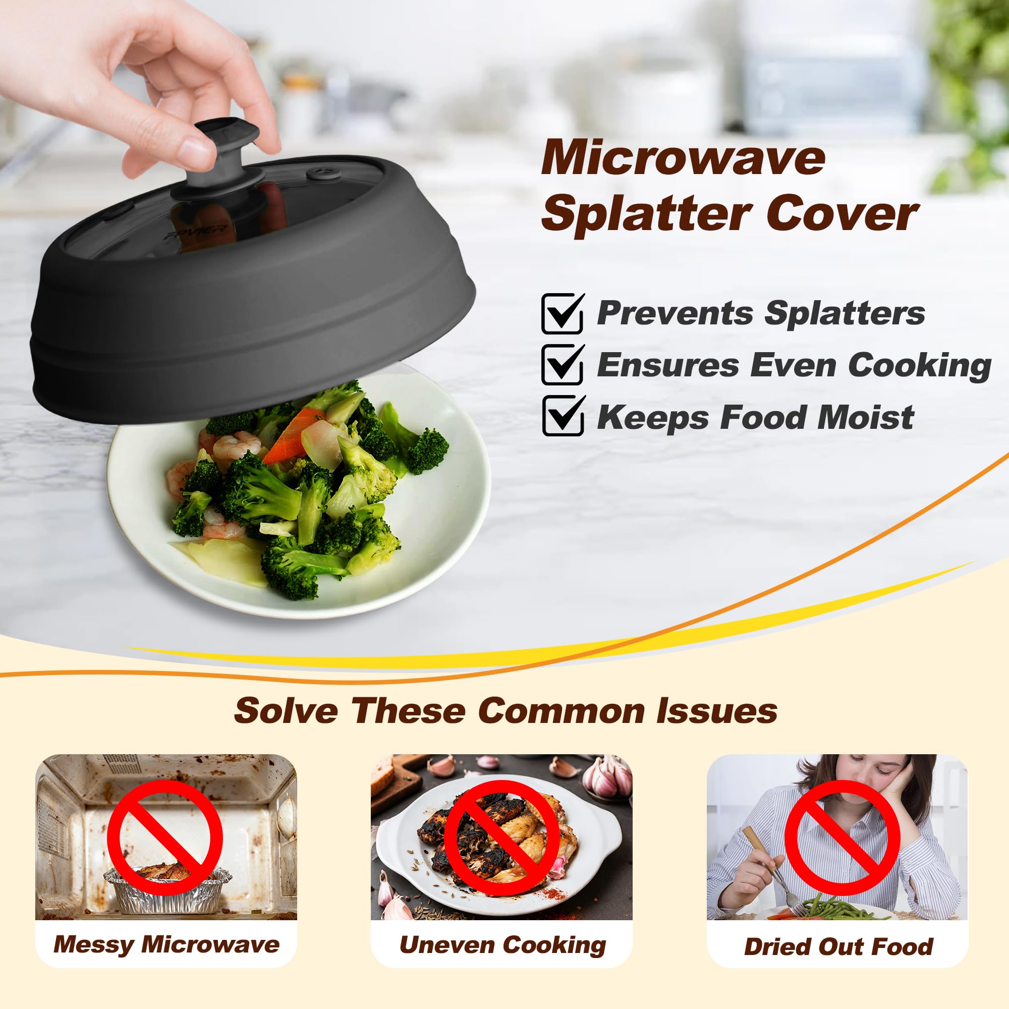 Microwave Splatter cover, Glass Microwave Cover for Food, 11.8 inch Guard Lid with Collapsible Silicone for 6-11 inch Plates & Bowls, Dishwasher Safe, 450°F Heat Resistant, BPA-Free, Black