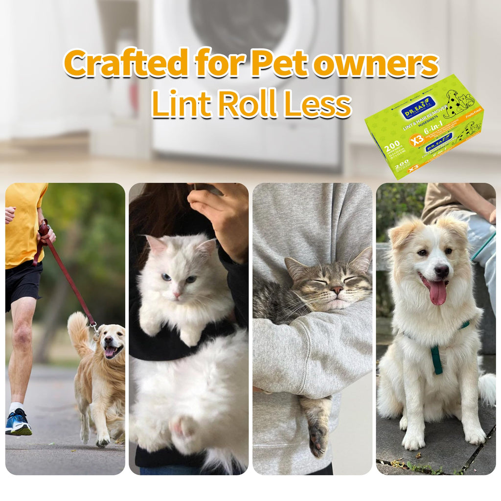 Dr.Easy LINT & HAIR REMOVER Pet HUGESHEETS with 3X ODOR REMOVE Dryer Sheets, Fruits Fresh, 200 Count,PLANT&MINERAL-BASED FORMULA