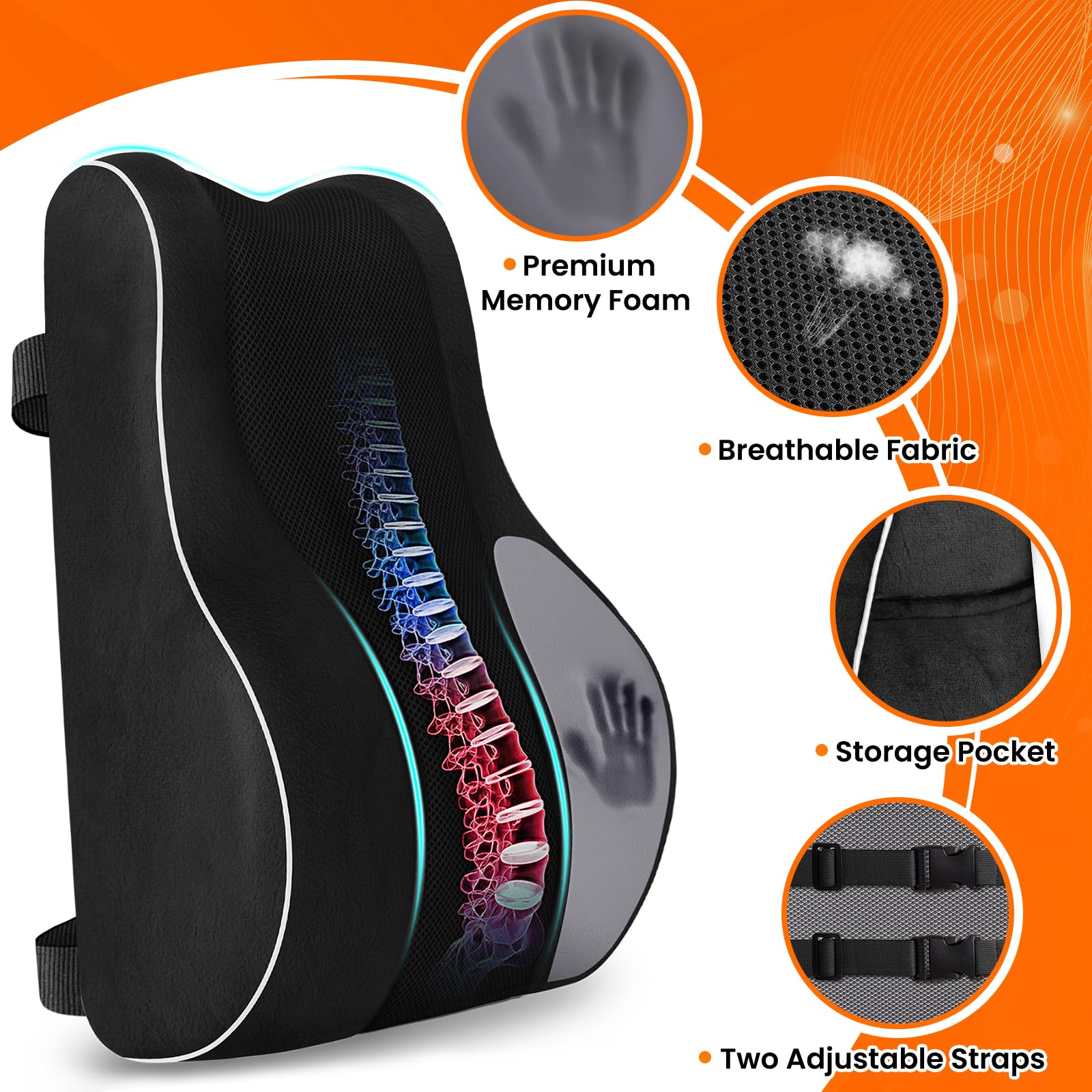 CloudBliss Ergonomic Lumbar Support Pillow – Memory Foam for Lower Back Pain Relief, Adjustable Straps & Mesh Cover for Office, Gaming, Car & Home Essentials (Black)