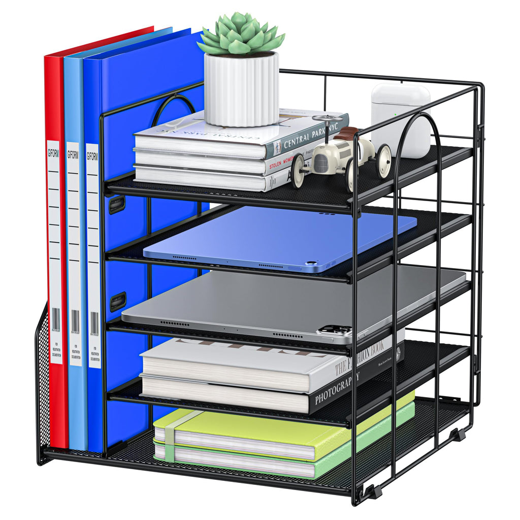 Auvo ADO04 Metal Mesh Desk Organizer, 5-Tier Paper Letter Tray with File Holder, Vertical Magazine/File Holder, Desktop Organizer for Office Supplies, Black