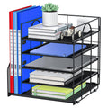 Auvo ADO04 Metal Mesh Desk Organizer, 5-Tier Paper Letter Tray with File Holder, Vertical Magazine/File Holder, Desktop Organizer for Office Supplies, Black