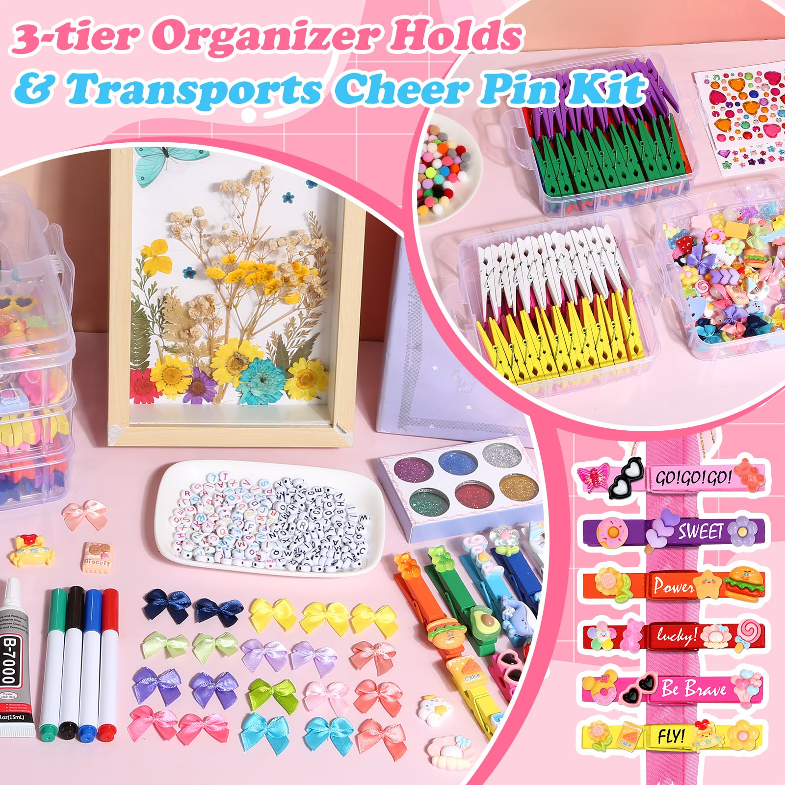 Cheer Pins Spirit Clips,100 Colored Clothes Wooden Pins, 112 Mini Resin Charms Bows Sticker, 300 Beads Pompoms Cheer Clothespins Decor, Pin Making Kit for Ribbon Team Classroom Cheerleader Gifts