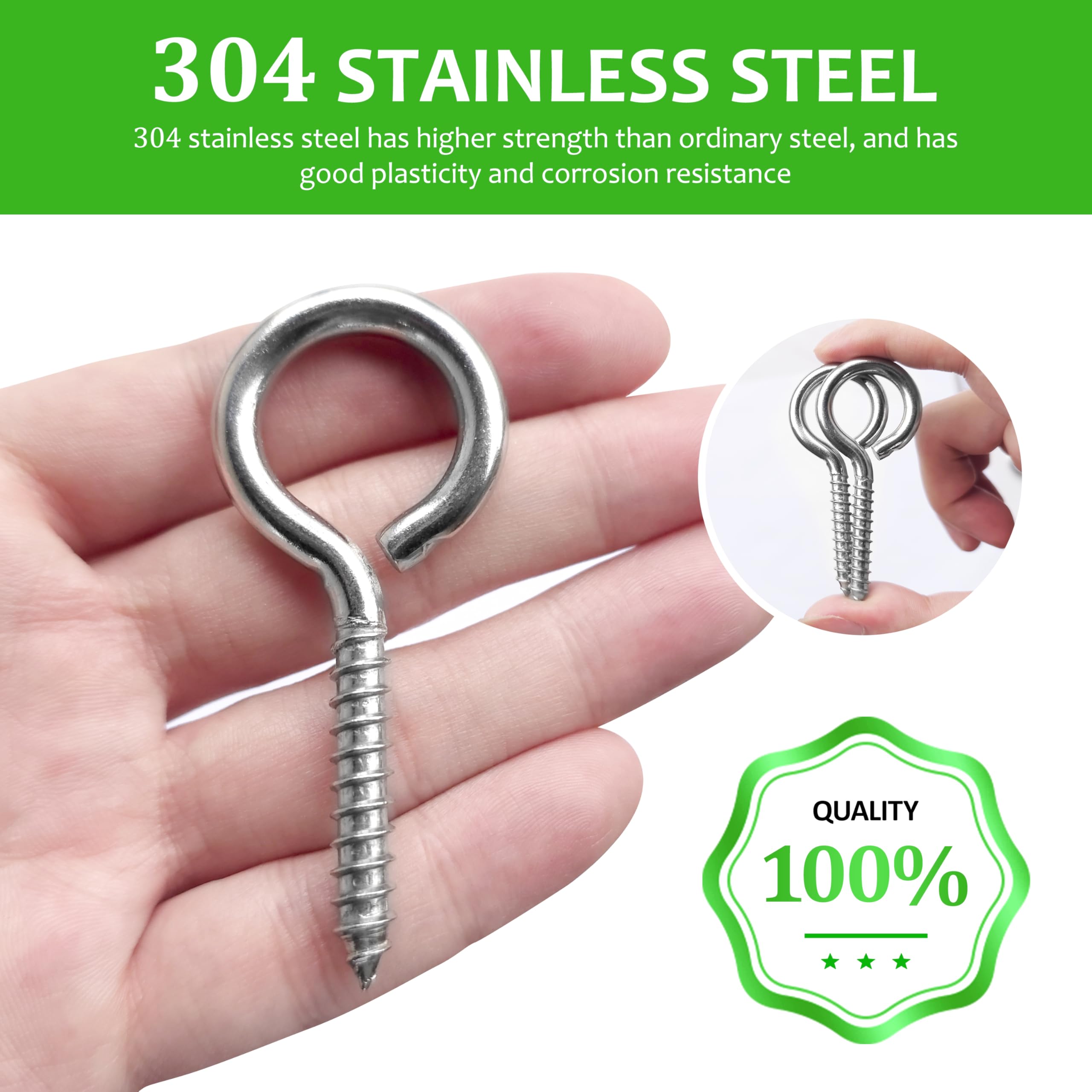 M5 20 Pcs 304 Stainless Steel Screws Eye,2.56 Inch Screw Self Tapping Eye,Load Bearing 200LB, Duty Eye Bolt for Wood Securing Cables Wire,Indoor & Outdoor Use (20, M5 2.56 Inch)