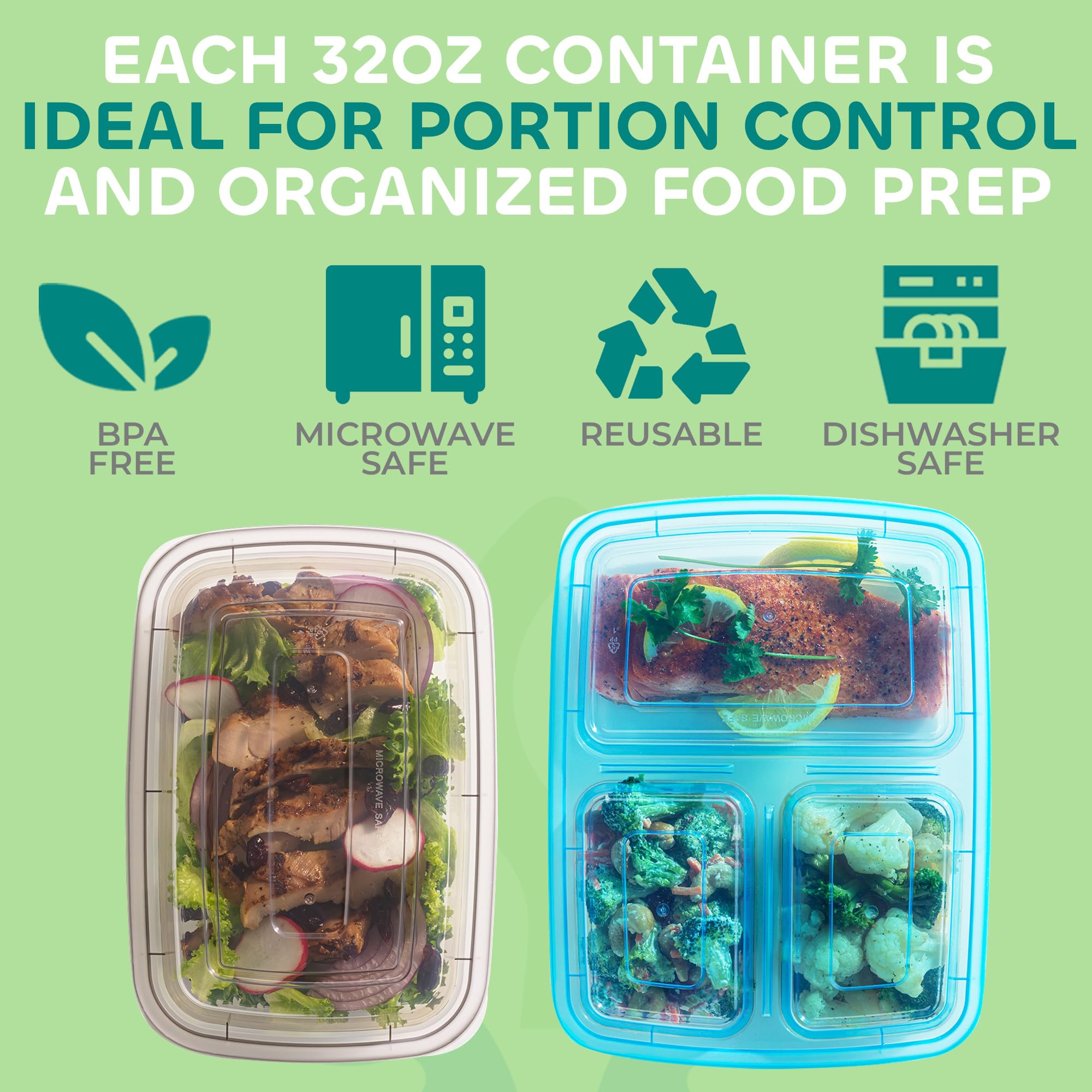 Food Storage Containers With Lids - (24 Pack-32 Oz) 12- 3 Compartment Meal Prep Containers Reusable Or Disposable & 12- Single Food Storage Bento Boxes, Bpa Free, Microwave, Freezer, Dishwasher Safe