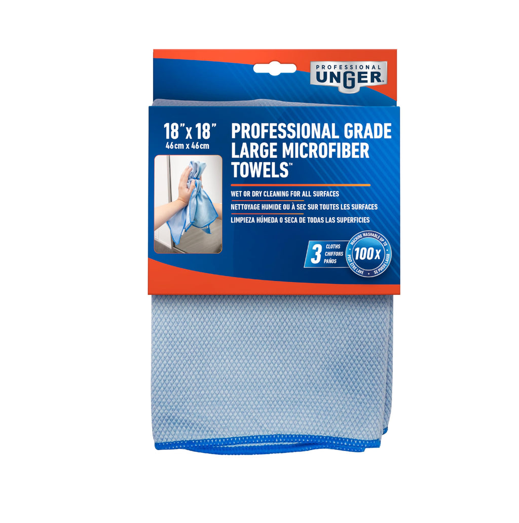 Unger Large Professional-Grade Streak-Free Microfiber Towels, 3 Pack - 18” x 18” Multi-Purpose Wet & Dry Cleaning Cloths for Kitchen, Bath, Auto, Appliances, Car Cleaning Supplies