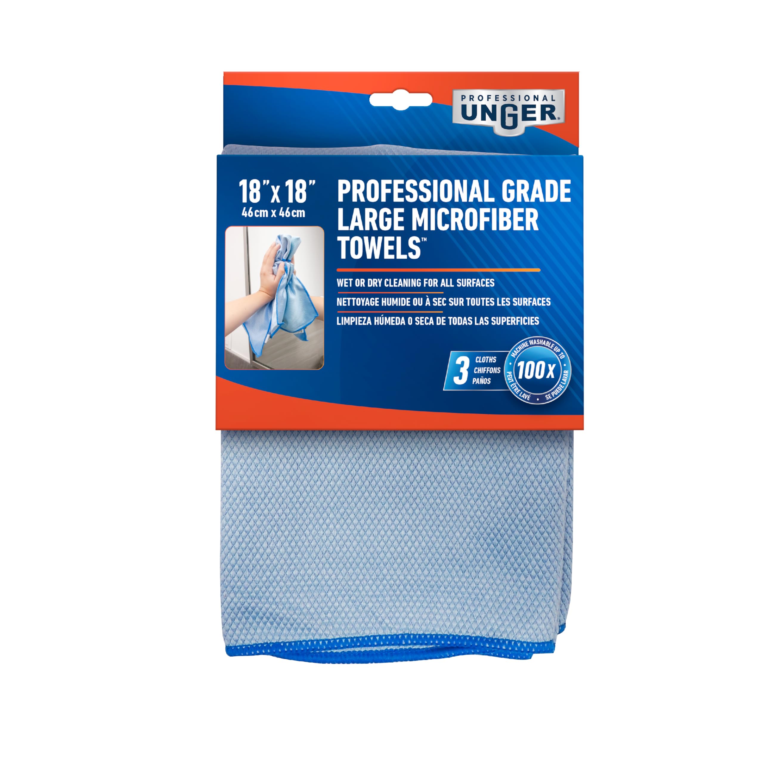 Unger Large Professional-Grade Streak-Free Microfiber Towels, 3 Pack - 18” x 18” Multi-Purpose Wet & Dry Cleaning Cloths for Kitchen, Bath, Auto, Appliances, Car Cleaning Supplies
