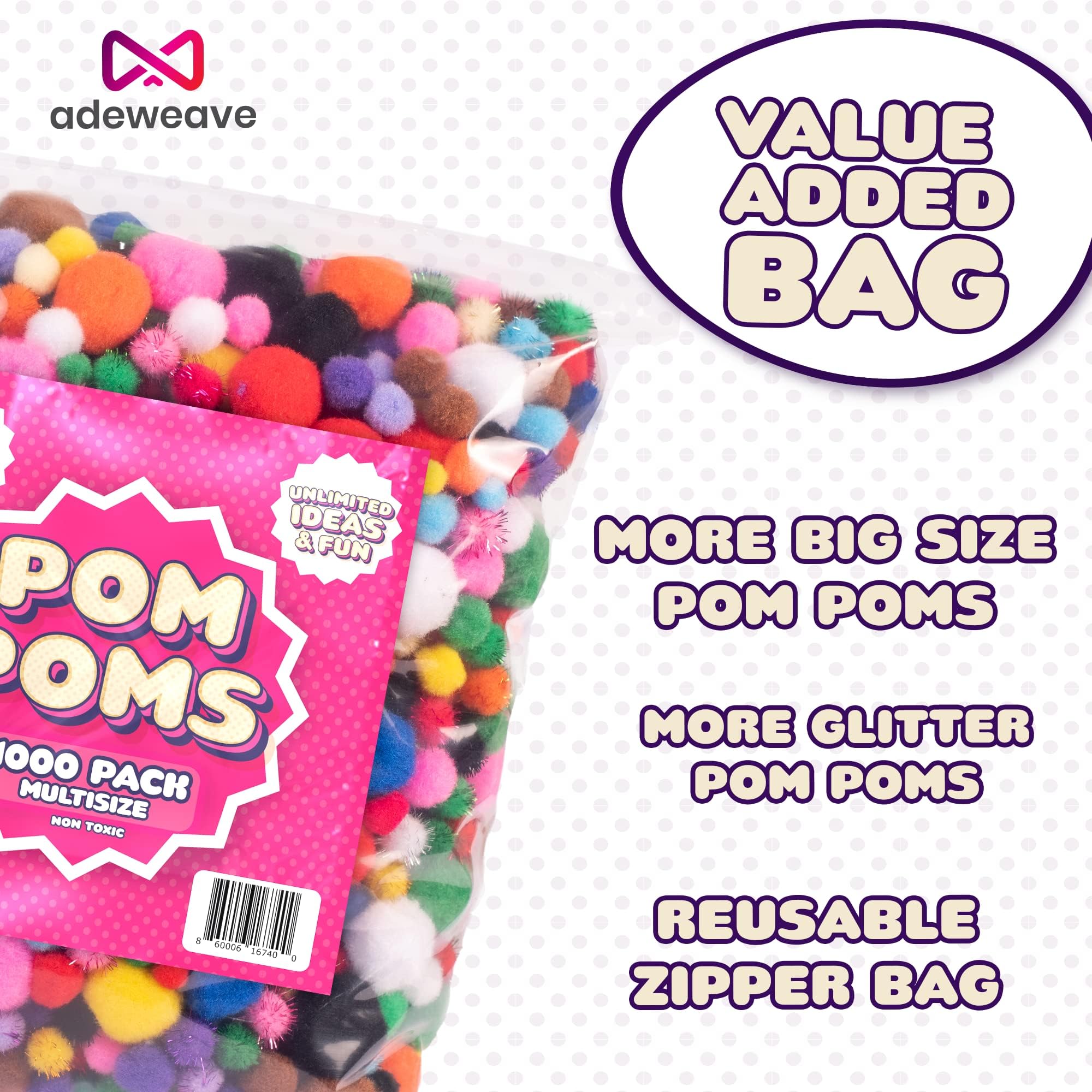 Adeweave 1000 Assorted Craft pom poms – Multicolor bulk pom poms Arts and Crafts, Pompoms for Crafts In Assorted size- Soft and Fluffy Puff Balls, Large colored cotton balls for home and school