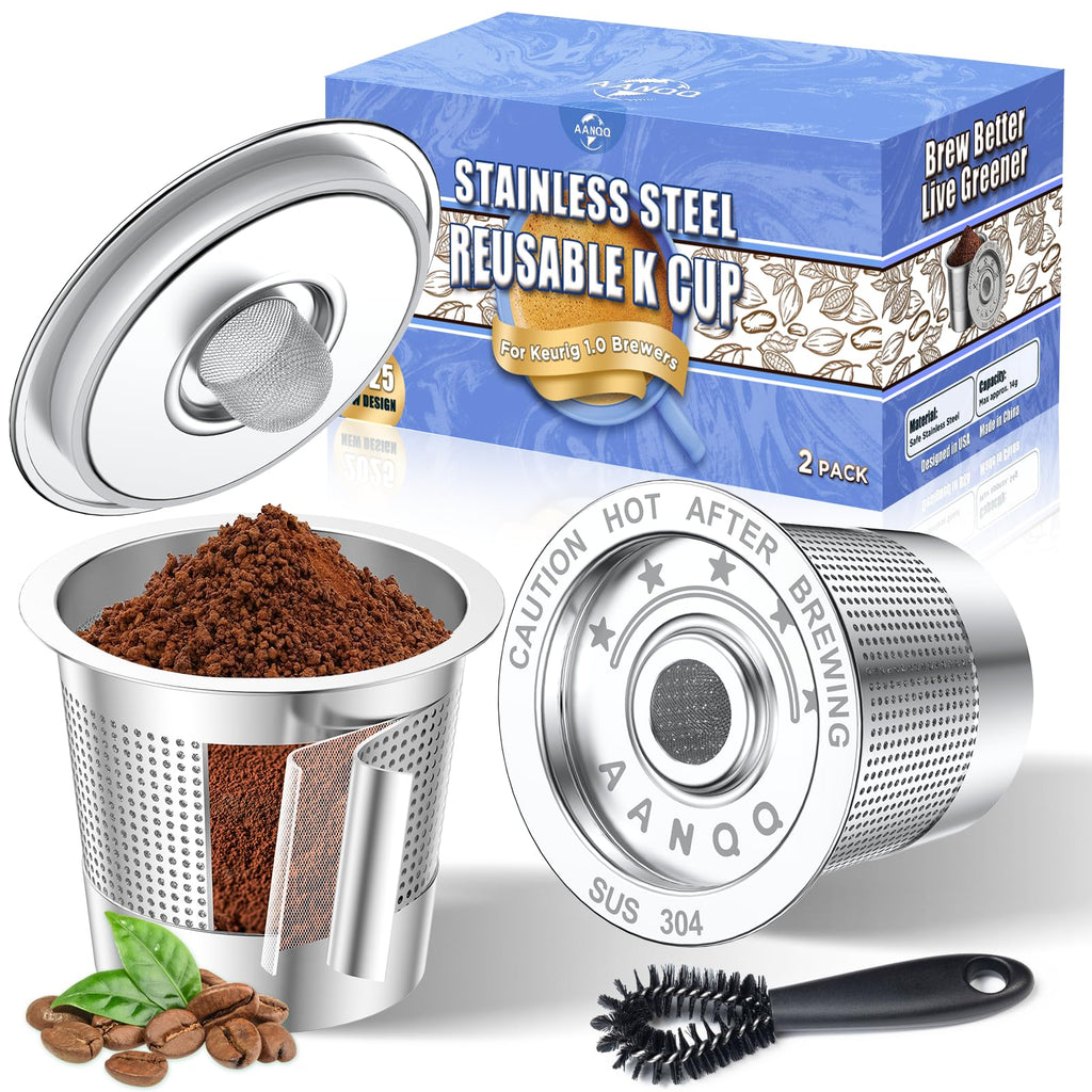 AANQQ Reusable K Cups Coffee Pods: Upgraded Dual-Layer Mesh Stainless Steel K Cup - Refillable Metal Coffee Pods Filter Fit Keurig 1.0 Coffee Maker - Richer Coffee/NO-Residue/Eco-Friendly (2-Pack)