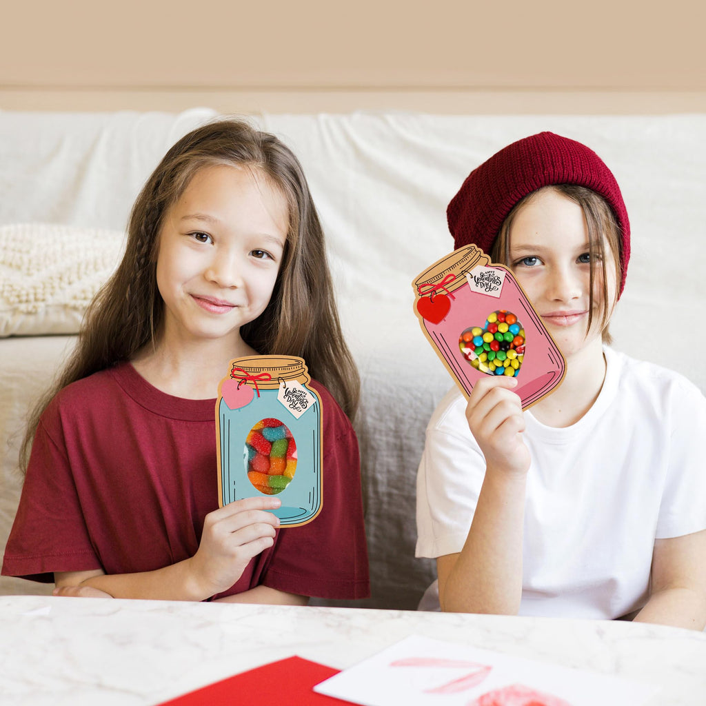 Giiffu 50 Pack Mason Jar Valentine Cards for Kids Classroom, 5 Color Designs DIY Valentine’s Day Cards with Treat Bags, Candy Valentines for School Exchange Party Favors (Candy Not Included)