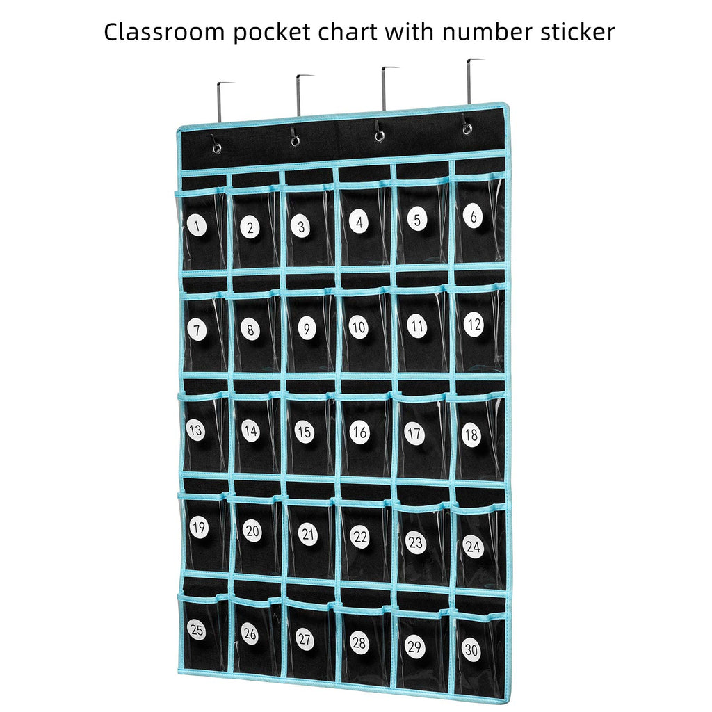 KEEPJOY Classroom Pocket Chart Organizer,Cell Phones Calculator Holder for Classroom with 30 Clear Pockets and Number Sticker Size 33.5x 24.5 Inch (2pack-black)