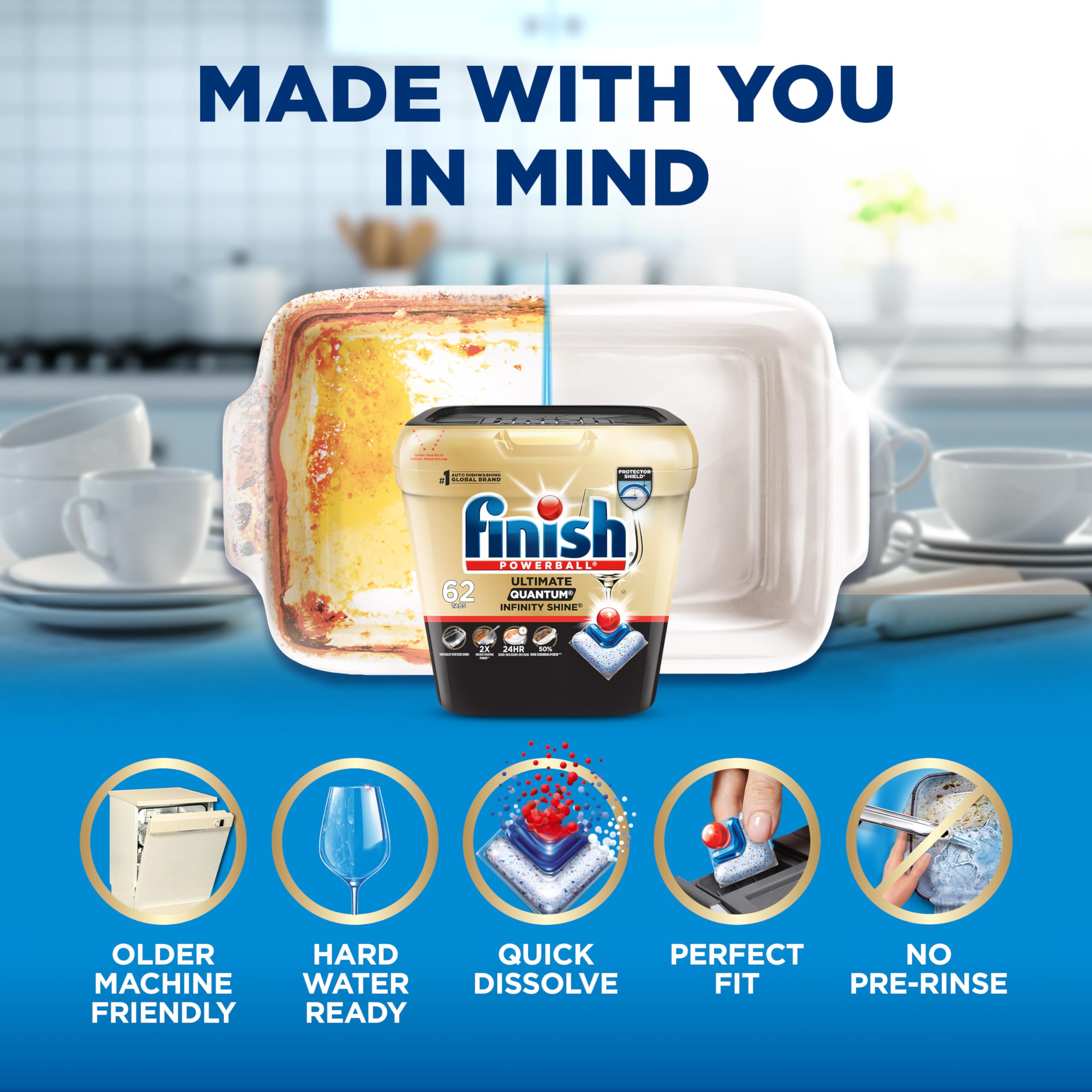 Finish Ultimate Infinity Shine Dishwasher Detergent Pods, 3 Chamber Formula with PowerBall, 5X Grease Fighting, Burnt & Dried-On Stains, Ultimate Clean & Virtually Diamond Shine, No Pre-Rinse, 62 Tabs