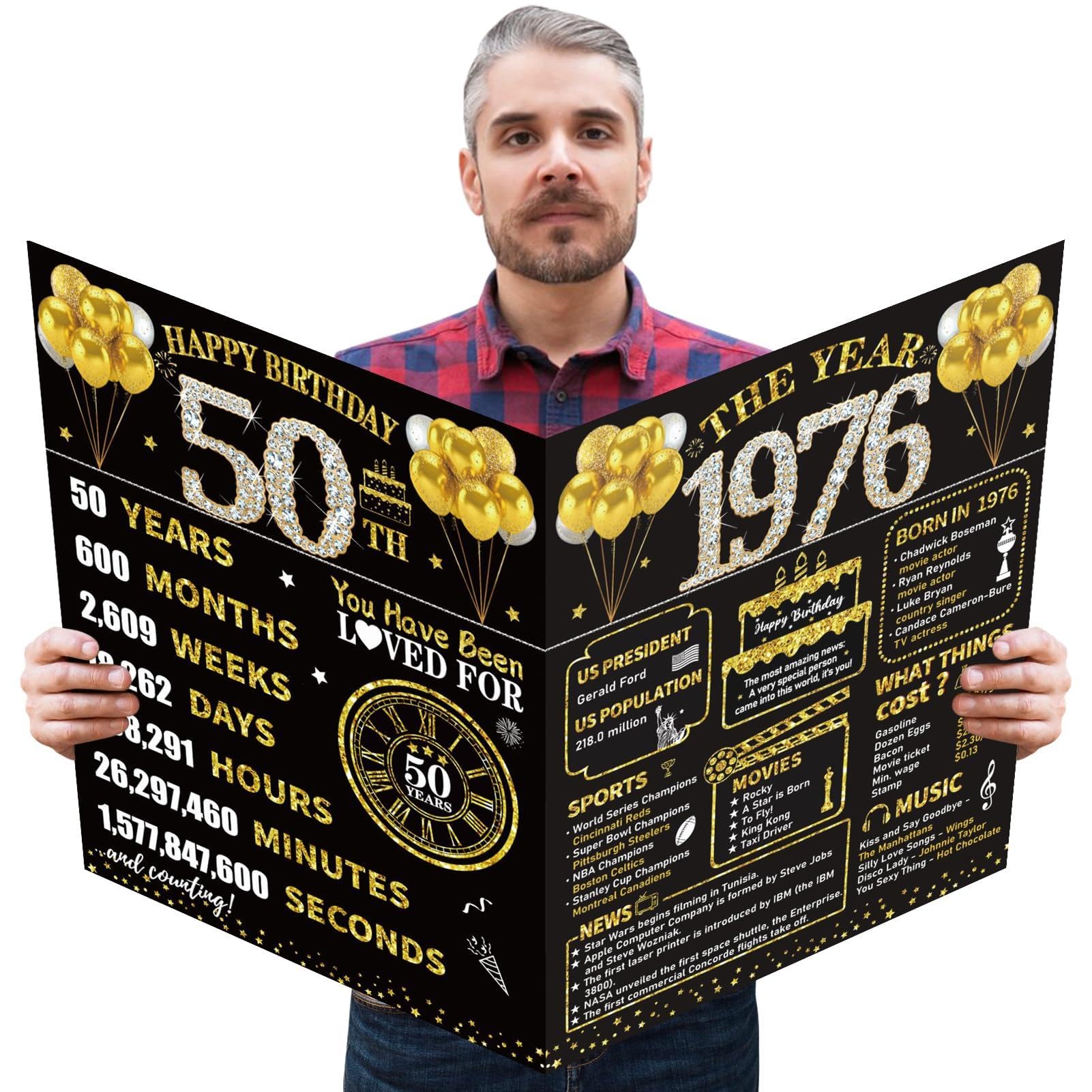 Kuxriox Large 50th Birthday Card With Envelope, Black Gold Happy 50th Birthday Giant Guest Book Gifts for Men Women, Giant Fifty Bday Card Gifts Party Supplies, The Year 1976 Jumbo 50 Bday Card