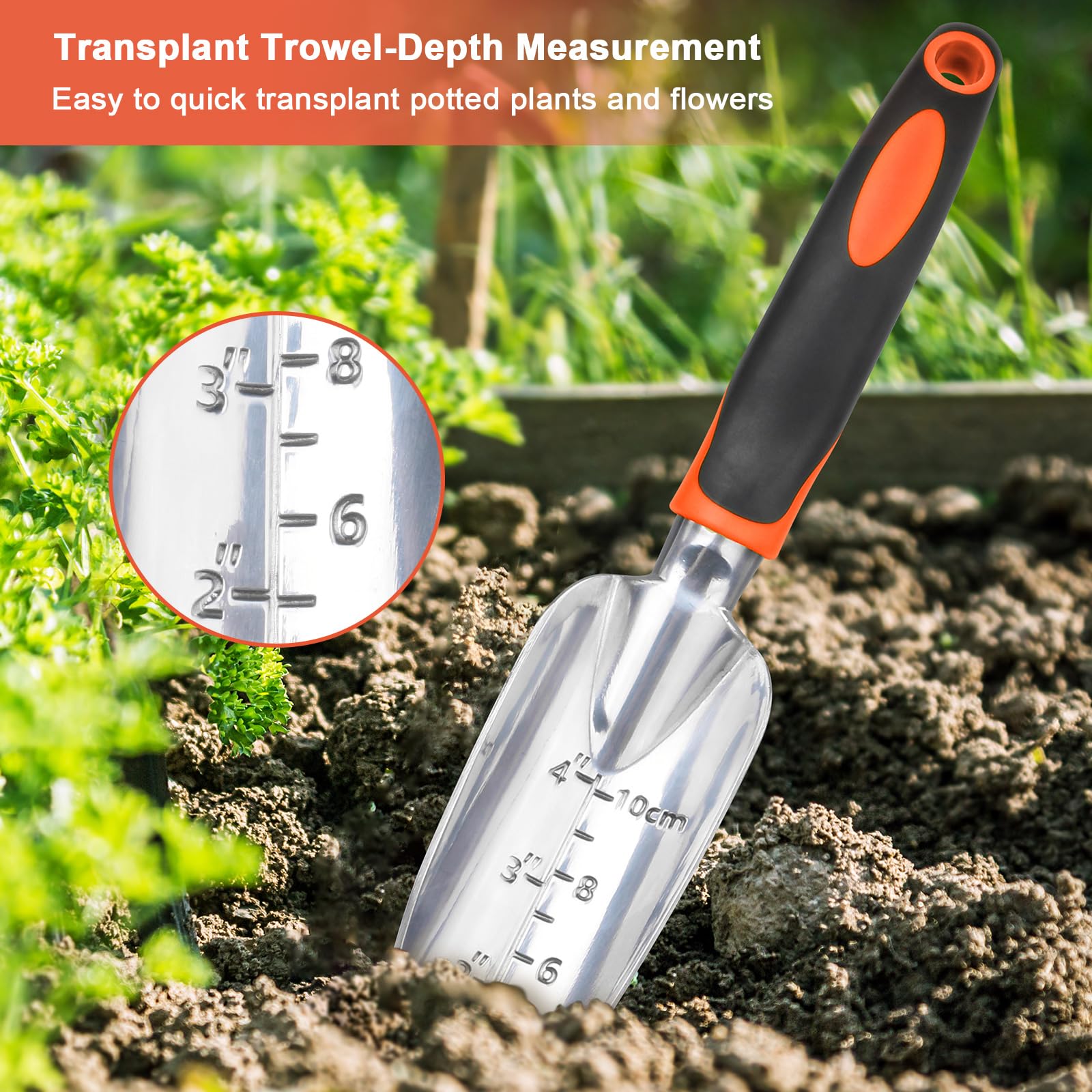 Garden Tools Set, 3 Pack Heavy Duty Gardening Tools Set Include Garden Shovel, Transplant Trowel and Hand Rake with Ergonomic Non-Slip Handle, Aluminum Alloy Lawn for Planting, Orange