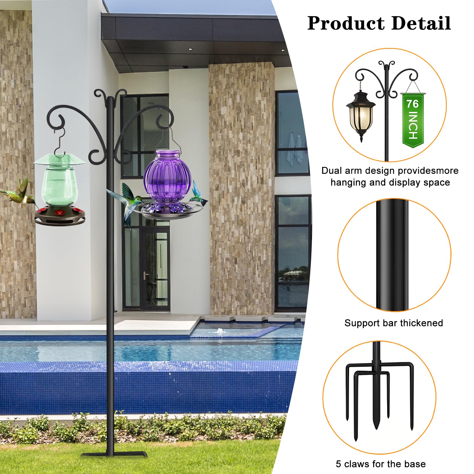 76" Shepherds Hooks for Outdoor with 5 Prong Base, Heavy-Duty Metal Bird Feeder Pole Stand for Hanging Plant, Flower Pots, Lanterns, Wind Chime, Weddings Decor