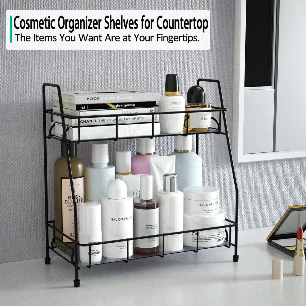 Spice Rack Organizer for Countertop Kitchen,2 Tier Bathroom Organizer Shelves Storage for Counter(Black)