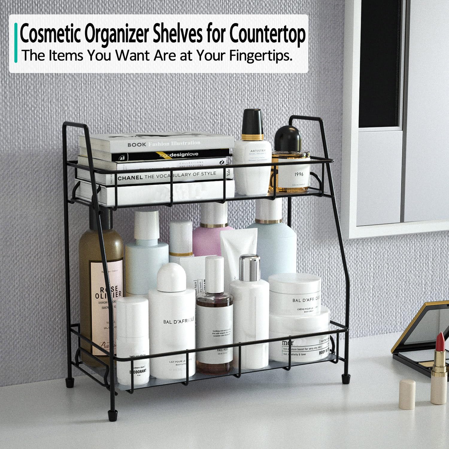 Spice Rack Organizer for Countertop Kitchen,2 Tier Bathroom Organizer Shelves Storage for Counter(Black)