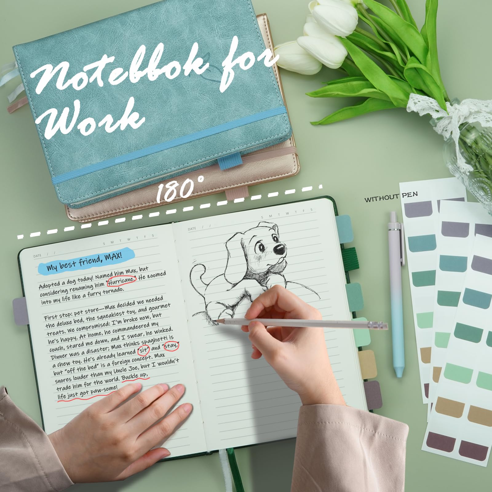 Hoci Poci Lined Journal Notebook, 400 Pages Thick Journal for Writing, A5 Hardcover Leather Notebook with 100Gsm College Ruled Paper for Women Men Work Note taking, 5.8" x 8.4", Green