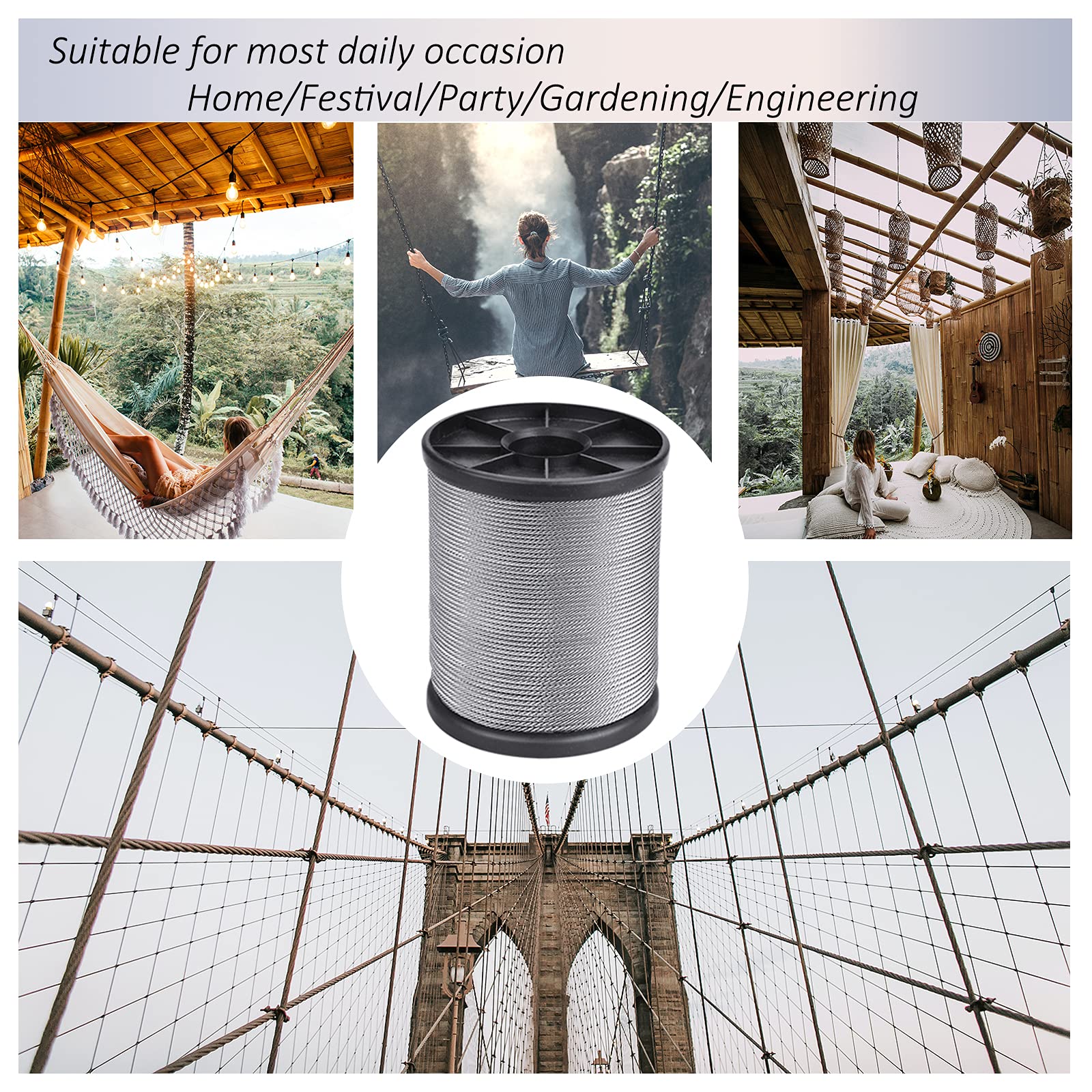 Little World 1/16 Wire Rope, 304 Stainless Steel Wire Cable, 7x7 Strand Core, 328FT Length Aircraft Cable, 368 lbs Breaking Strength with 100 Pcs Aluminum Crimping Sleeves