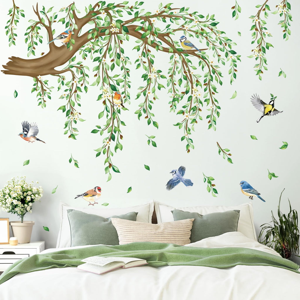 decalmile Spring Large Hanging Vine Wall Decals Green Leaf Tree Branch Flower Birds Wall Stickers Living Room Tv Background Bedroom Wall Decor