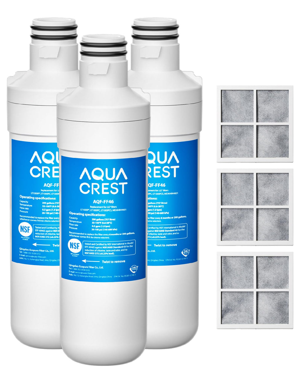 AQUA CREST LT1000PC ADQ747935 Refrigerator Water Filter and Air Filter, Replacement for LG® LT1000P®/PC/PCS, LMXS28626S, LFXS26973S, MDJ64844601, ADQ74793501, ADQ74793502 and LT120F®, 3 Combo