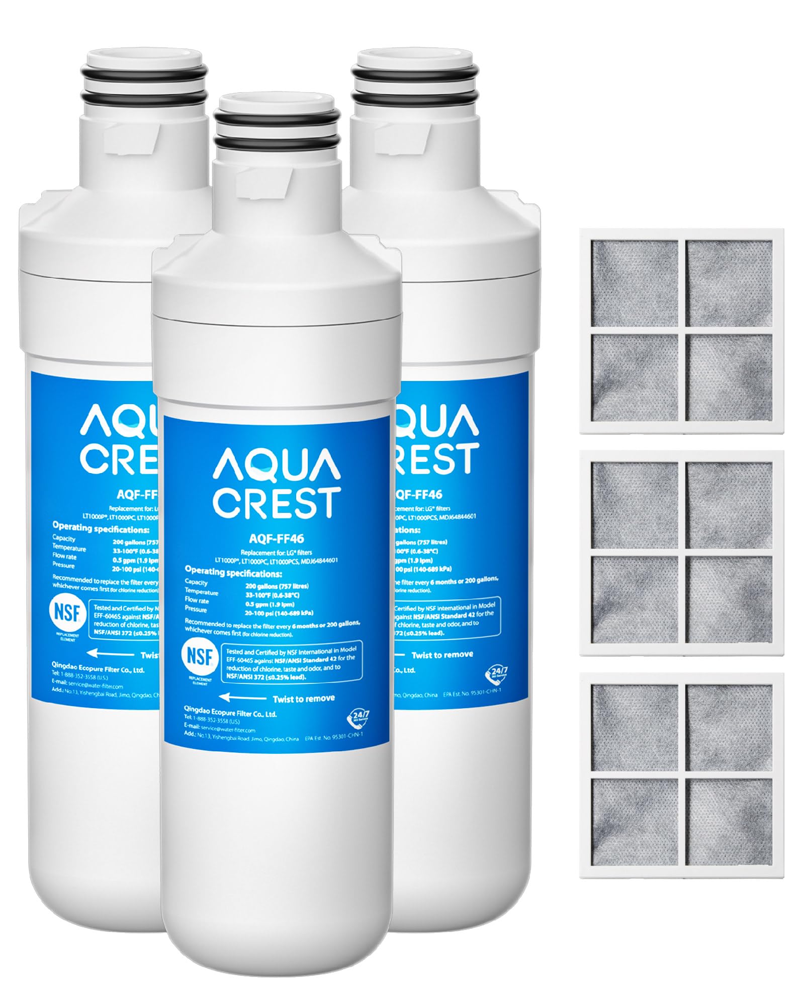 AQUA CREST LT1000PC ADQ747935 Refrigerator Water Filter and Air Filter, Replacement for LG® LT1000P®/PC/PCS, LMXS28626S, LFXS26973S, MDJ64844601, ADQ74793501, ADQ74793502 and LT120F®, 3 Combo