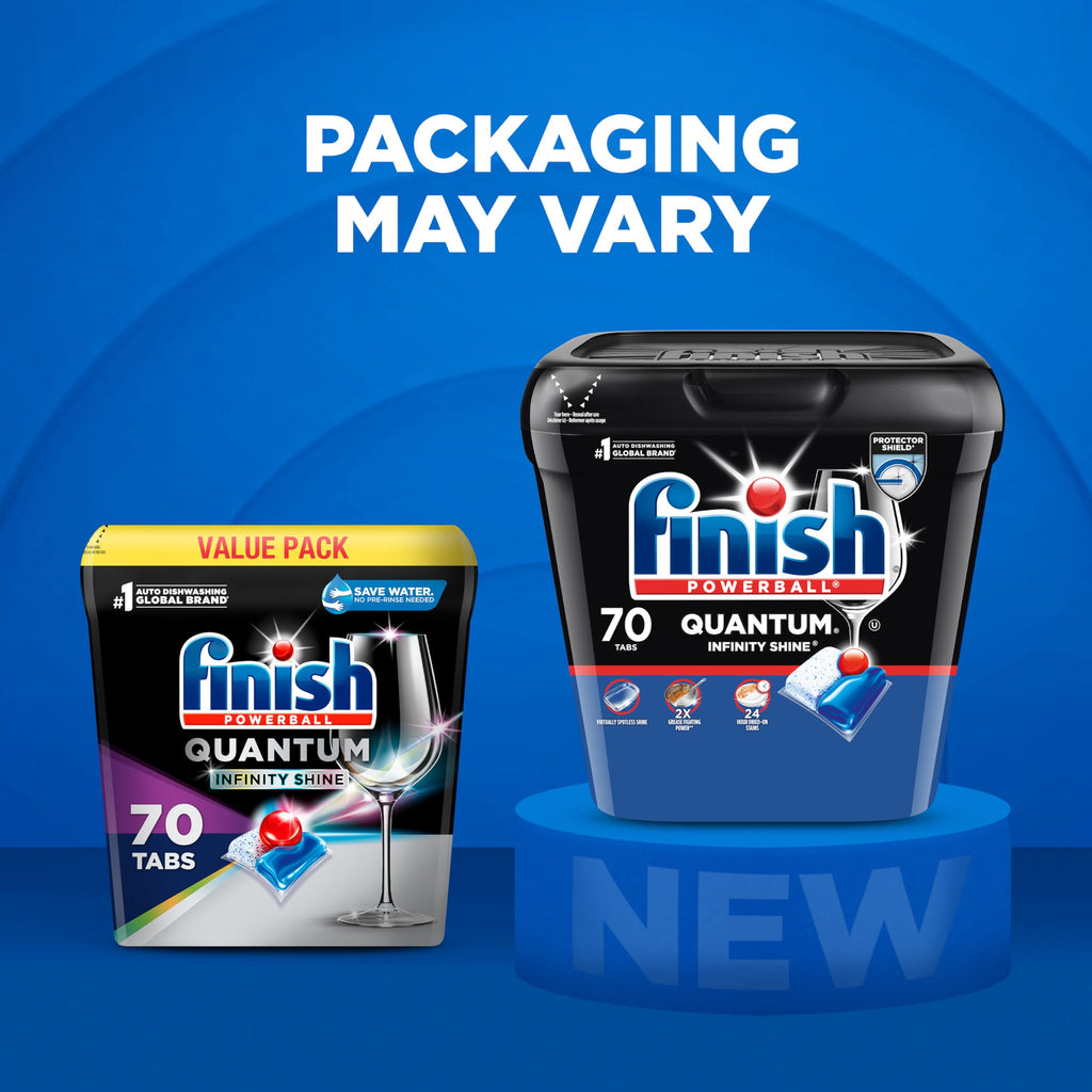 Finish® Quantum® Infinity Shine® Dishwasher Detergent Pods, 3 Chamber Formula with PowerBall, 2X Grease Fighting*, 24H Dried-On Stains, Shine Protection, No Pre-Rinse, 70 Tabs