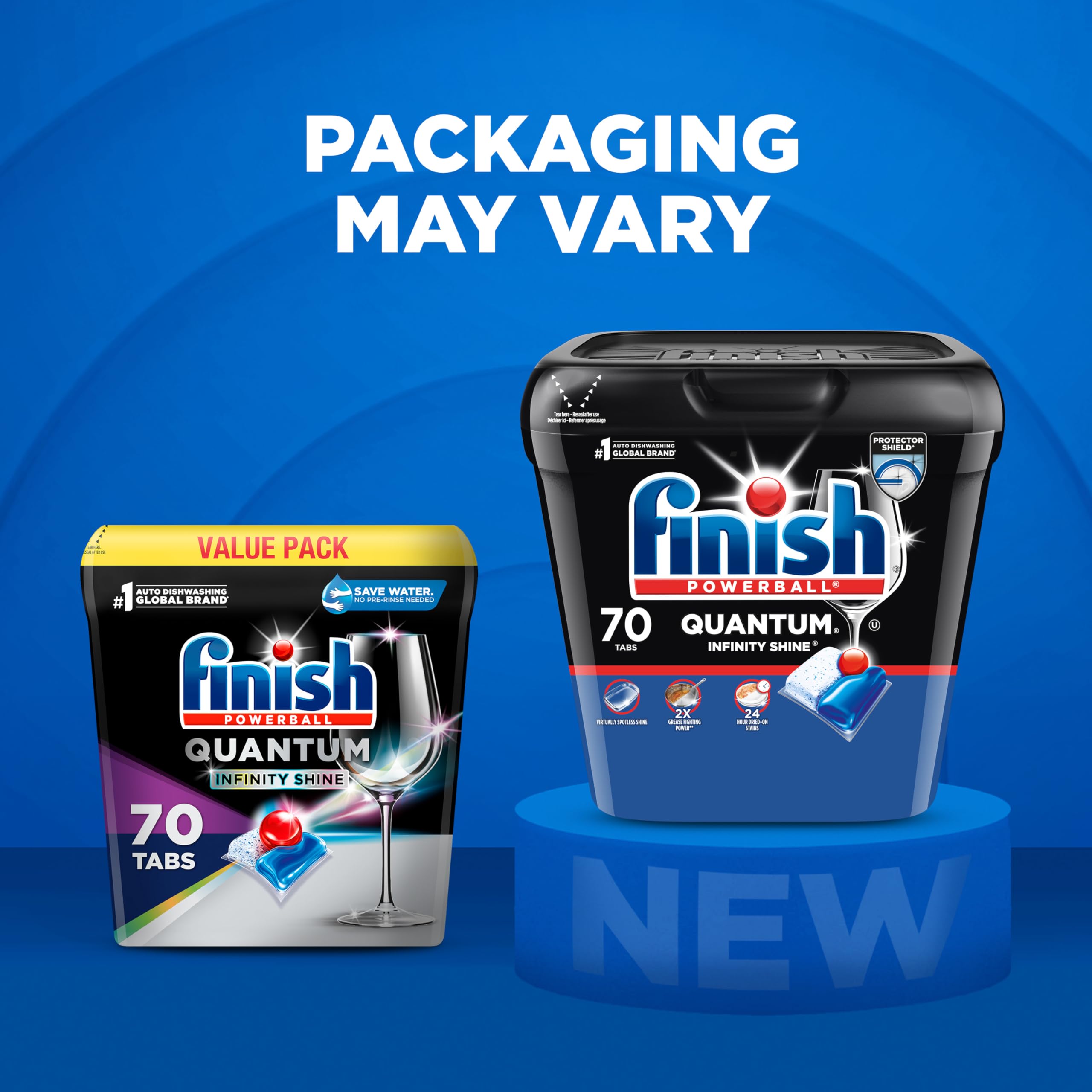Finish® Quantum® Infinity Shine® Dishwasher Detergent Pods, 3 Chamber Formula with PowerBall, 2X Grease Fighting*, 24H Dried-On Stains, Shine Protection, No Pre-Rinse, 70 Tabs