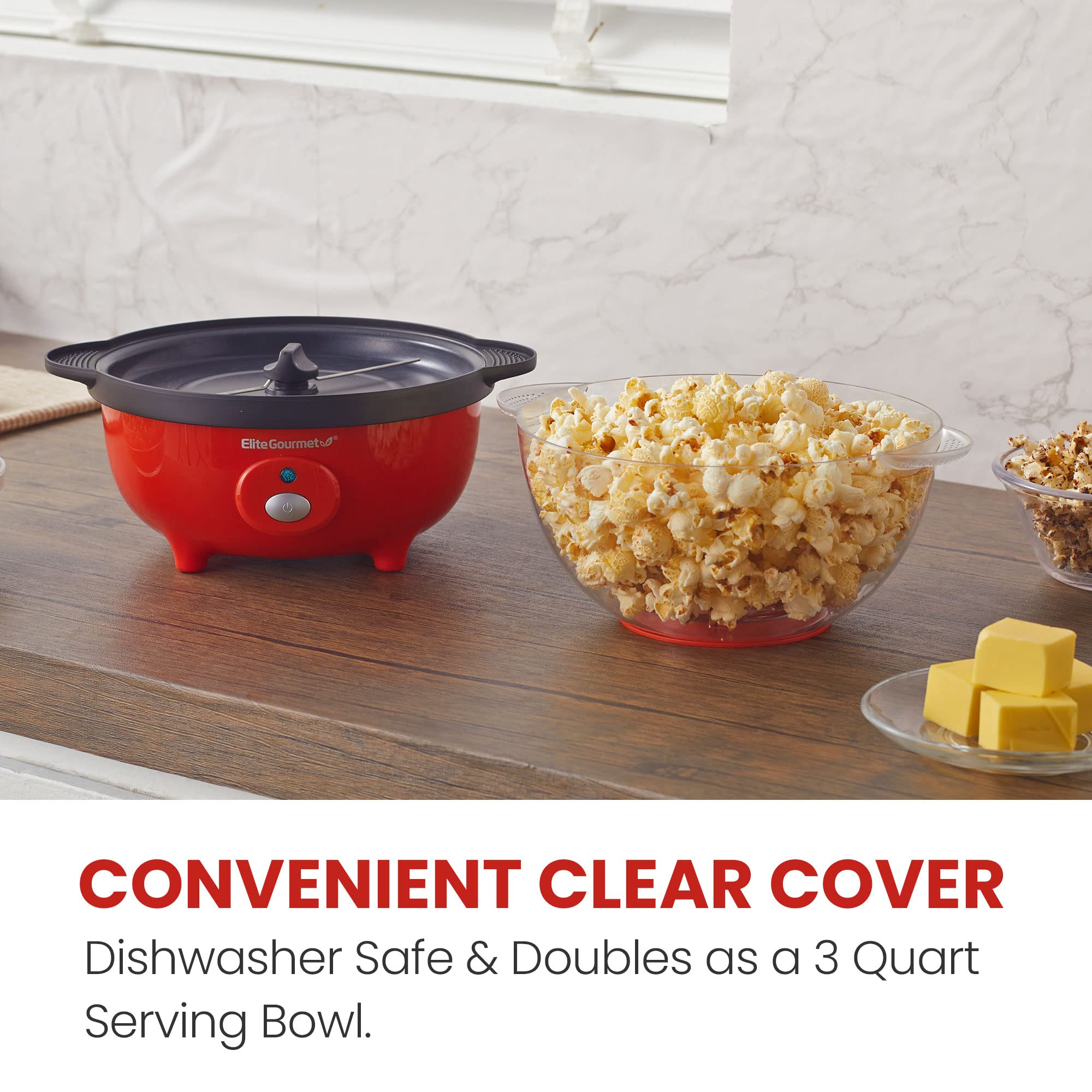 Elite Gourmet EPM330R Automatic Stirring Ceramic Nonstick 12-cup Popcorn Maker, Hot Oil Popcorn Machine w/Measuring Cap & Built-in Reversible Serving Bowl, Great for Home Party, ETL Approved, Red