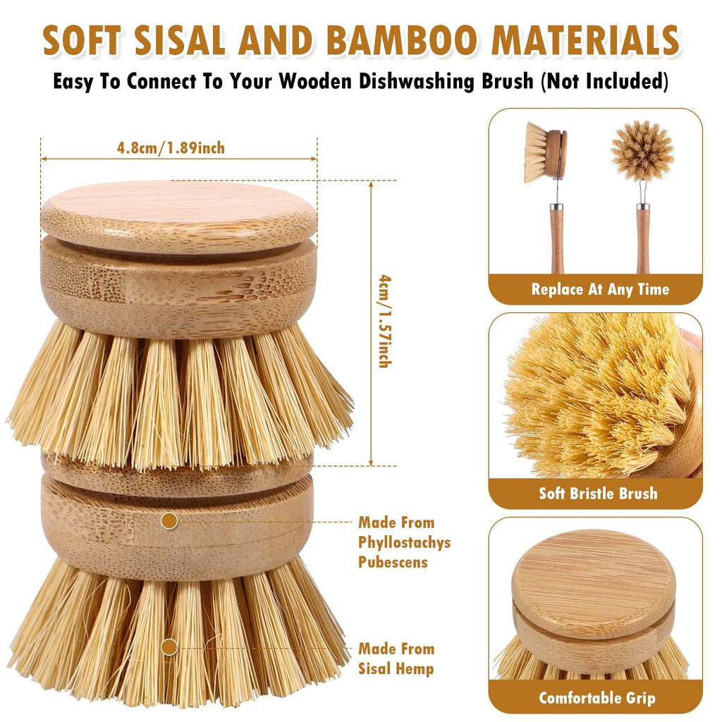 Bamboo Dish Brush, 6 Replacement Heads, Natural Washing Up Brushes Heads, Dish Scrub Brush Replacement Brush Refill, Soft Sisal Bristle Dish Scrubber, Brush for Kitchen Cleaning Pots Pans