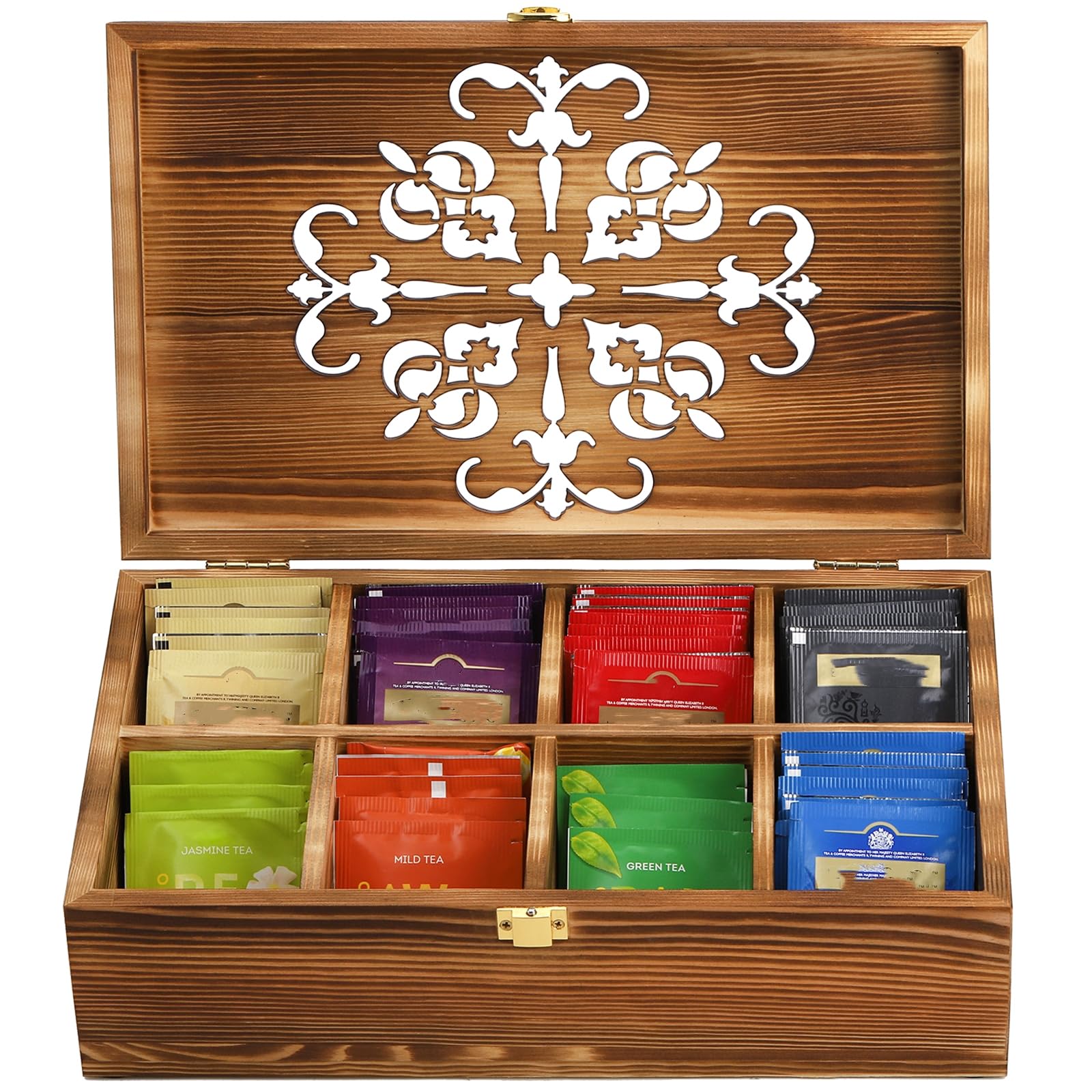 Coloch Wooden Tea Bag Storage Box with Carved Lid, 8-Compartment Tea Chest Organizer Spice Packets Container for Living Room, Kitchen, Gift for Office, Home Decor