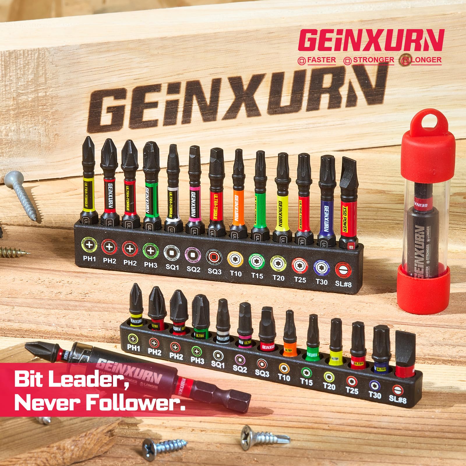 Geinxurn 26Pcs 2” 3” Impact Phillipes/Torx/Square/Slotted Screwdriver Bits Set,Magnetic S2 Steel Driver Bits Set and 1pc Impact Bit Holder with Color Coded Base