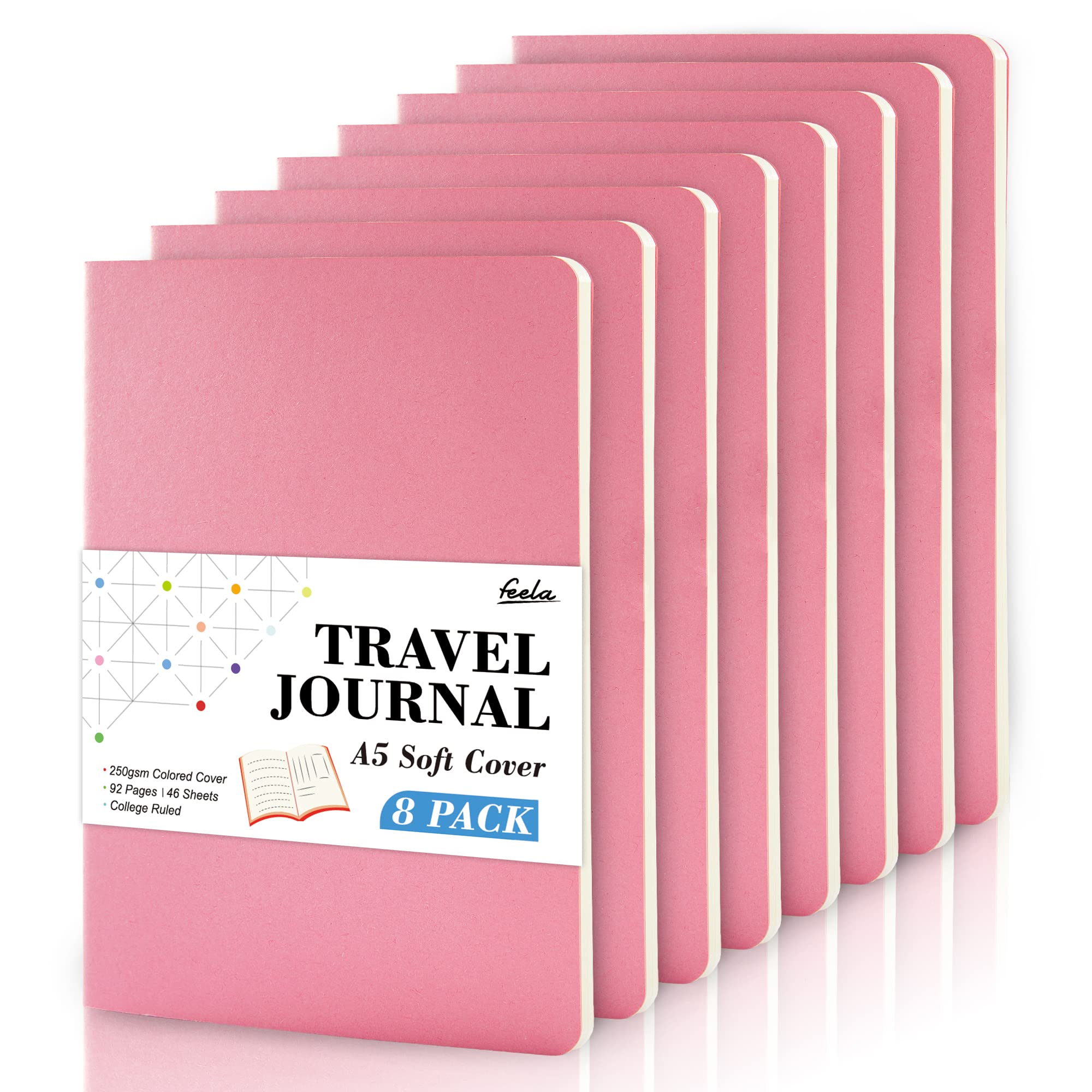 8 Pack Soft Cover Journal Bulk, Feela Notebooks College Ruled for Work, Lined Travel Journal for Women Men, Note Taking Notebook School Supplies Business Writing, 8.2” x 5.5”, A5, Pink