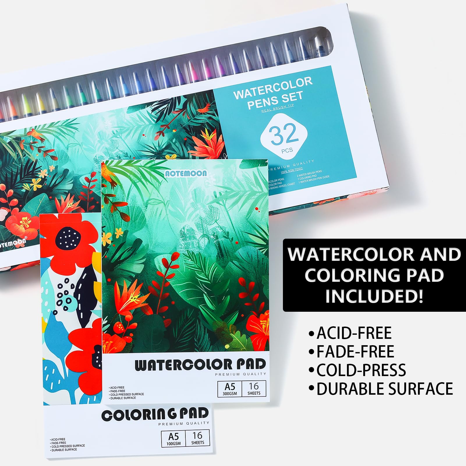 32 Watercolor Pens Set Includes 26 Vivid Colors, Real Brush Tips Markers Set with 2 Blender Pens, Watercolor Pad and Coloring Pad, Art Supplies Gifts for Beginners Young Artists and Adults