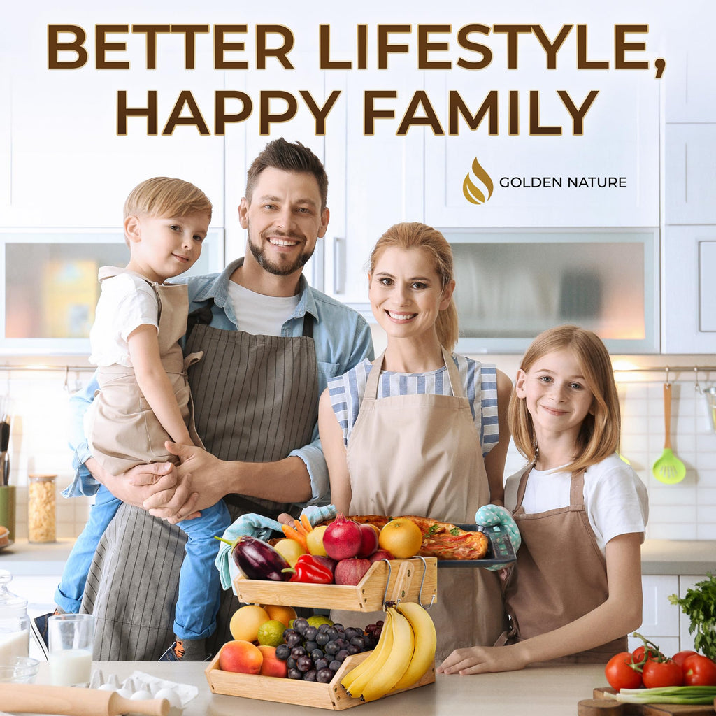 Golden Nature - Fruit Basket w/ Banana Hanger - 2-Tier Bamboo Fruit & Vegetable Storage Organizer for Kitchen Counter - Lightweight & Easy Assembly Countertop Fruit Stand Holder Bowl w/ Screws
