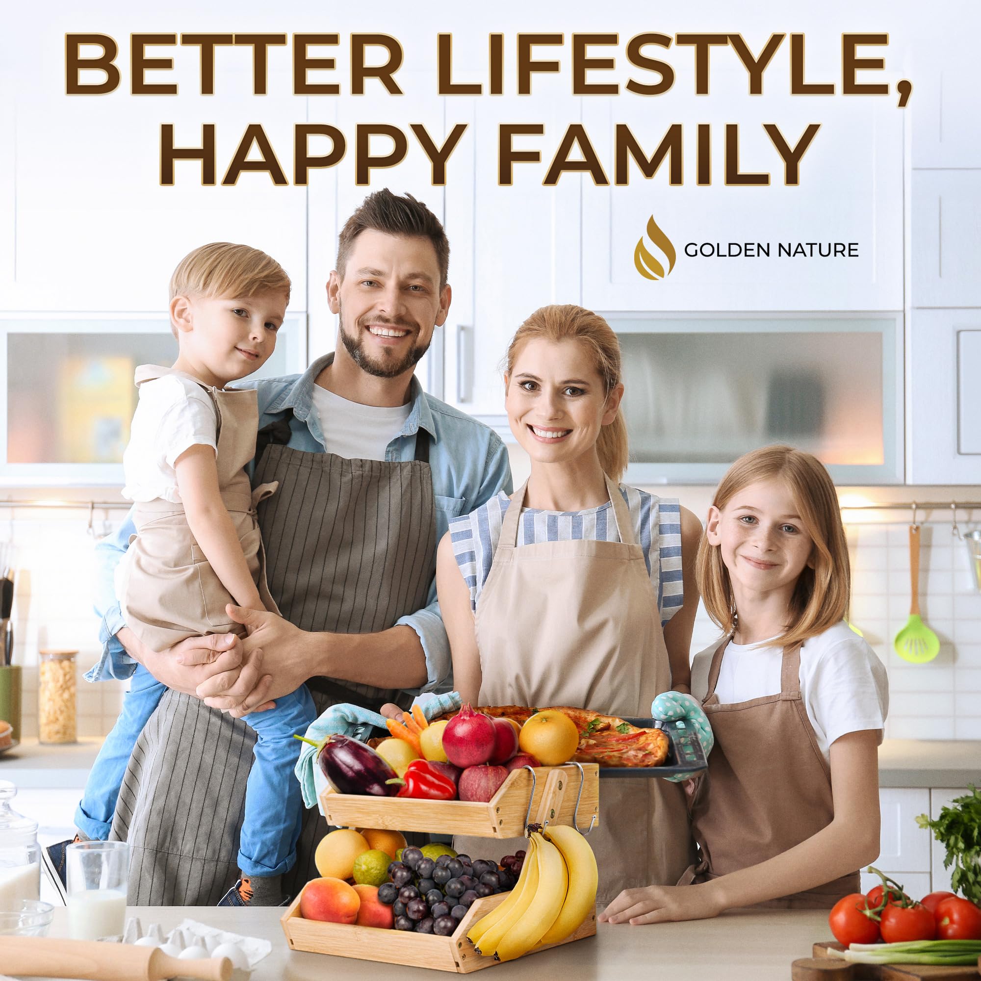 Golden Nature - Fruit Basket w/ Banana Hanger - 2-Tier Bamboo Fruit & Vegetable Storage Organizer for Kitchen Counter - Lightweight & Easy Assembly Countertop Fruit Stand Holder Bowl w/ Screws