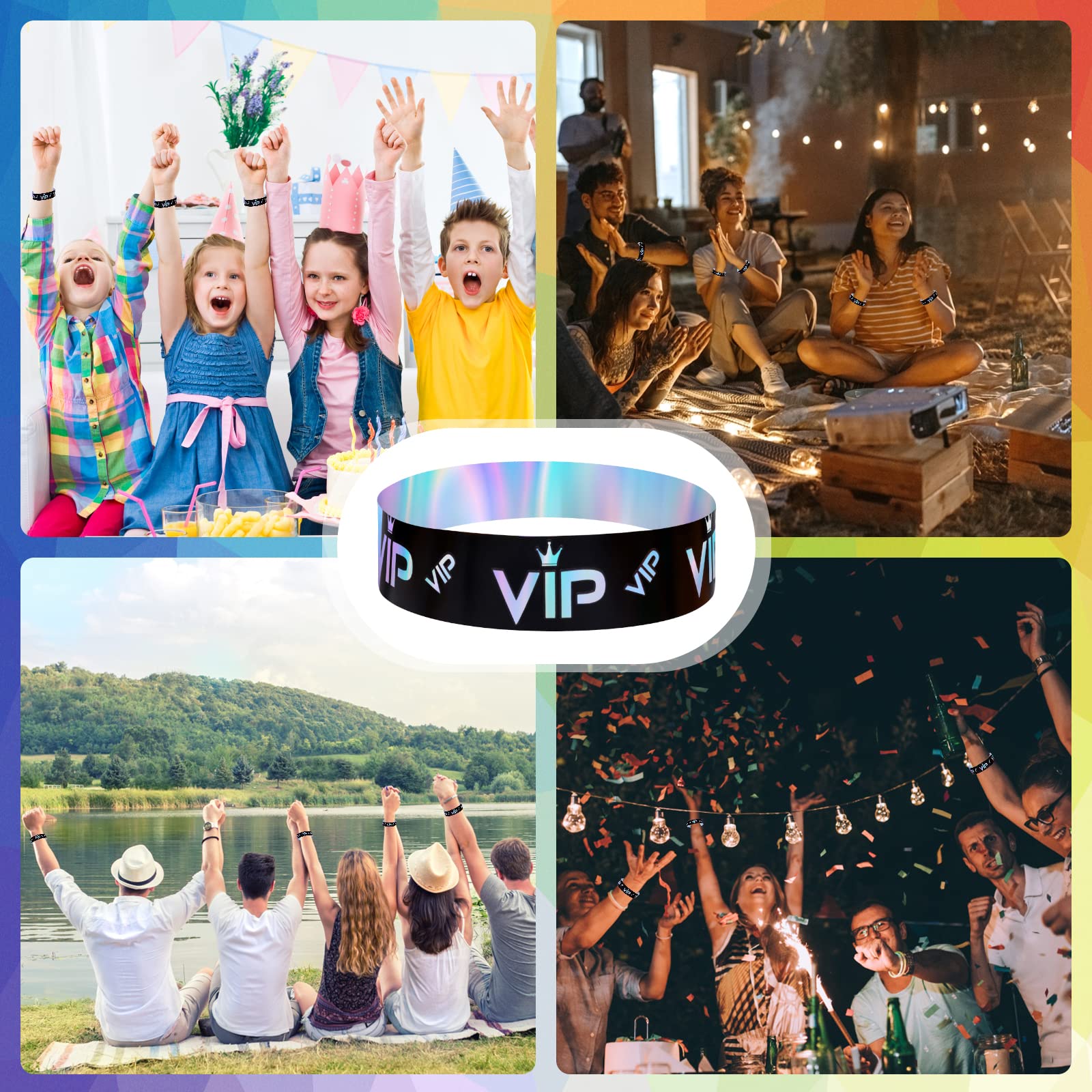 500pcs VIP Wristbands, VIP Wristband Paper Party Wristbands Paper Bracelets Wrist Bands VIP Armbands for Events Entrance VIP Party Music Festival Concerts (Holographic Black Silver)