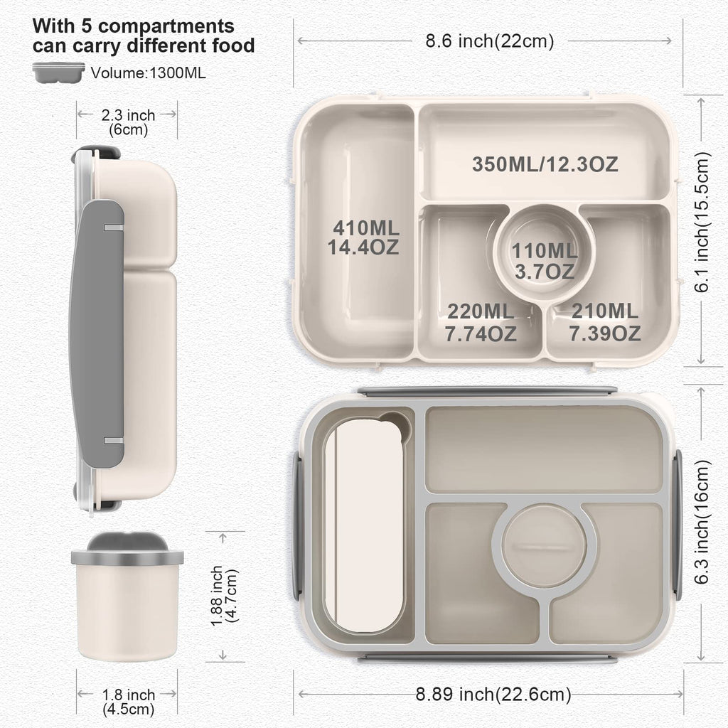 Amathley Bento Box Adult Lunch Box Kids,Lunch containers for Adults/Kids/Toddler,5 Compartments bento Lunch Box for Kids with Sauce Vontainers,Microwave & Dishwasher & Freezer Safe (Milky)