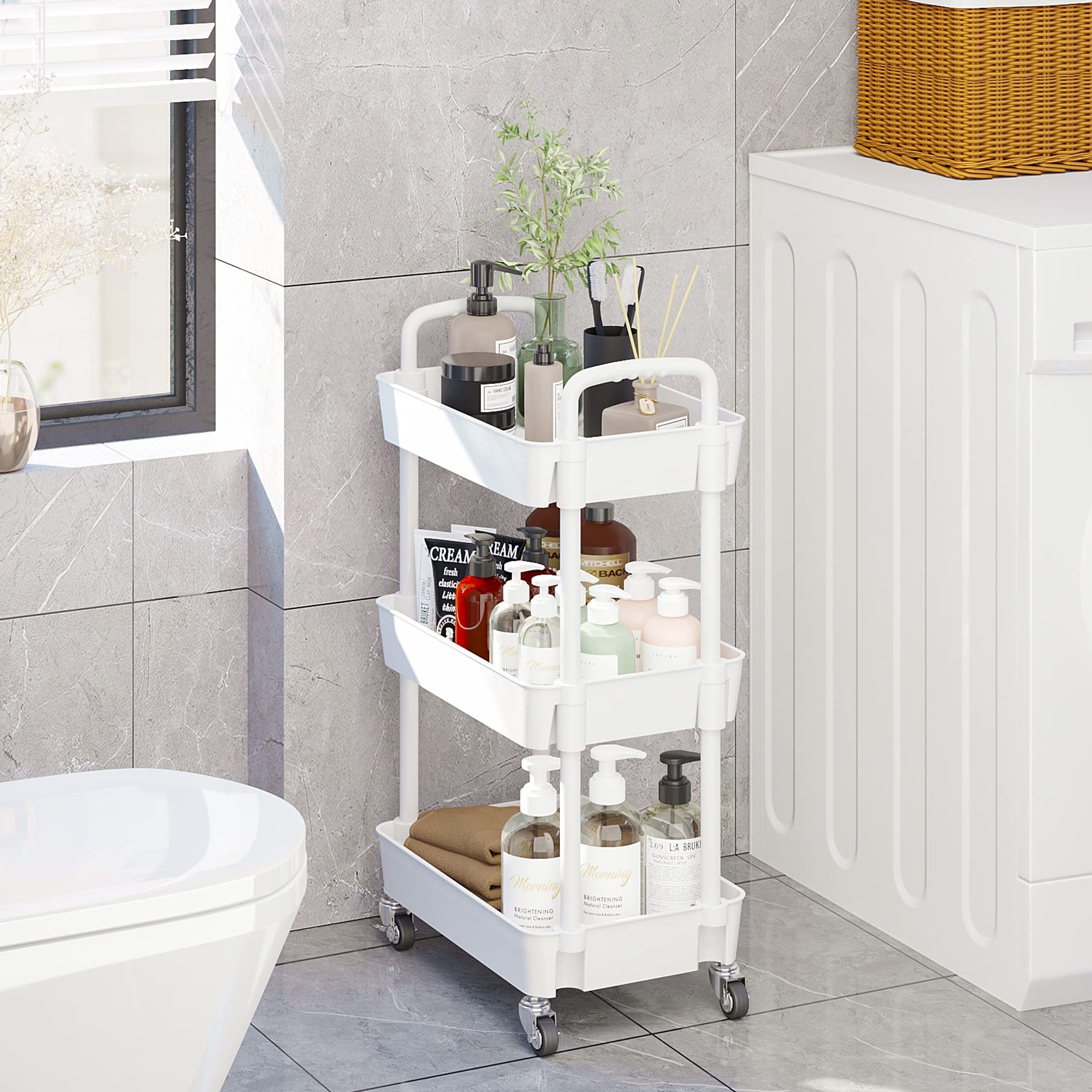 UDEAR 3-Tier Kitchen Rolling Utility Cart,Multifunction Storage Organizer with Handle and 2 Lockable Wheels for Kitchen,Bathroom,Living Room,Office,White