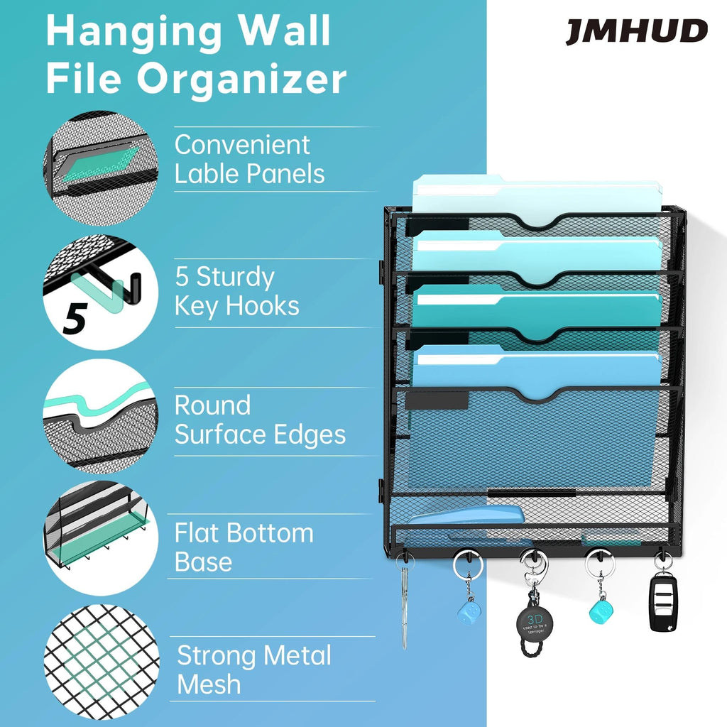 5-Tier Hanging Wall File Organizer with 5 Hooks, File Holder with Labels, Vertical Wall Mount Mail Organizer for Papers, Folders, Magazines, Office Organization, Assembly Needed, Black
